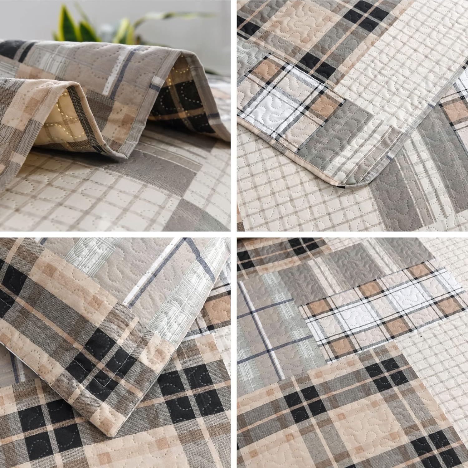 Green Essen King Size Plaid Quilt Set Brown Grey