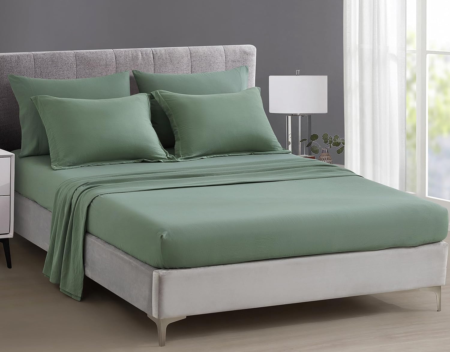 Chezmoi Jasper Sage Green Comforter Set 7-Piece