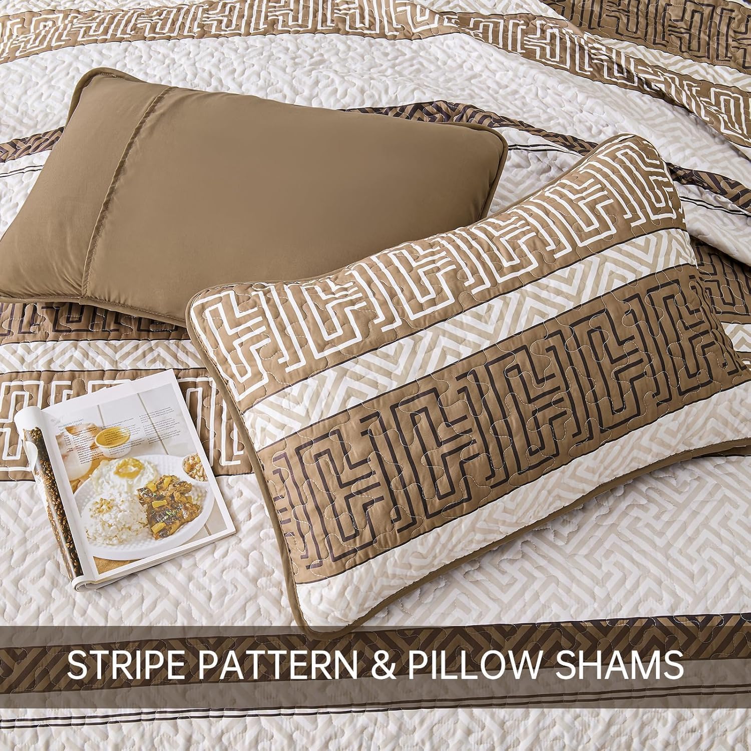 DJY Queen Size Brown Striped Quilt Set 3 Pcs