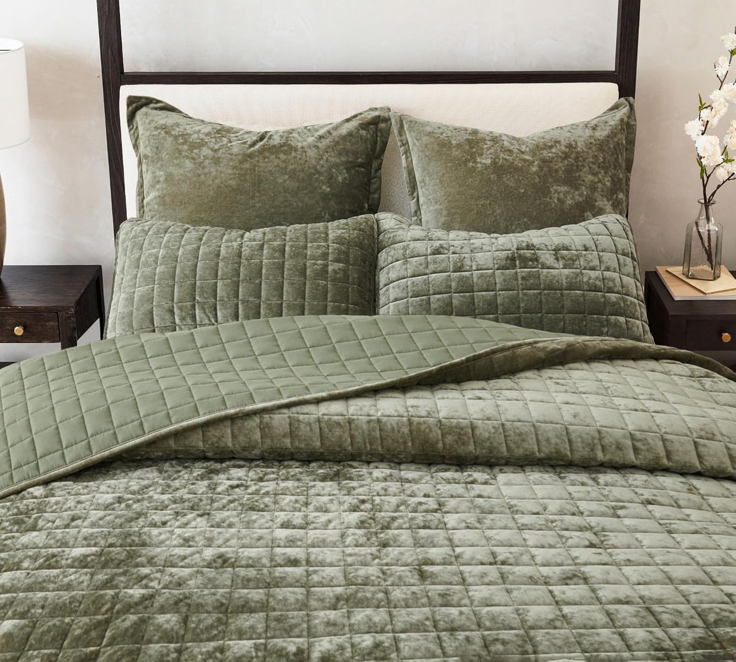 LR Rocaloca Velvet Quilt Set Army Green California King