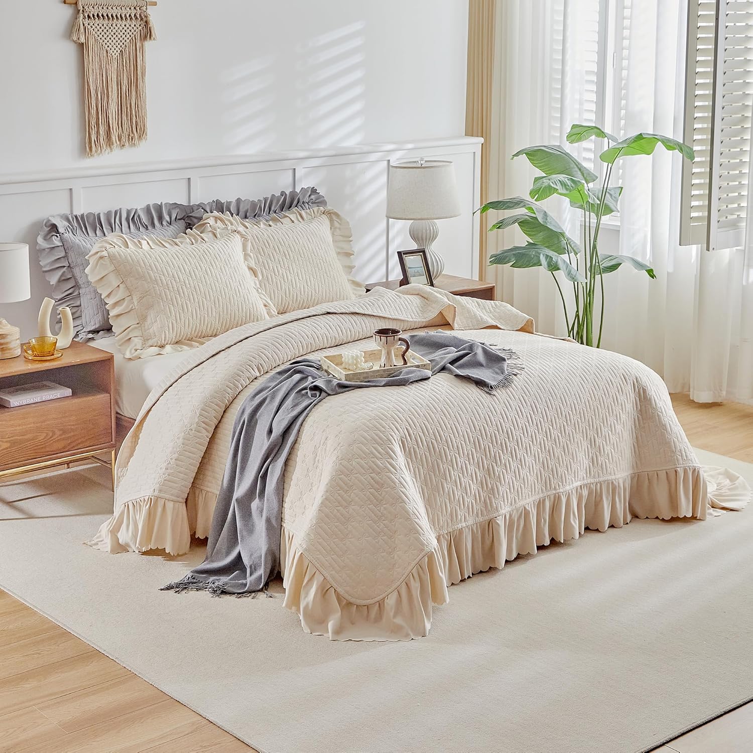 Ruffled Quilt Bedding Set California King 3PC Shabby Chic