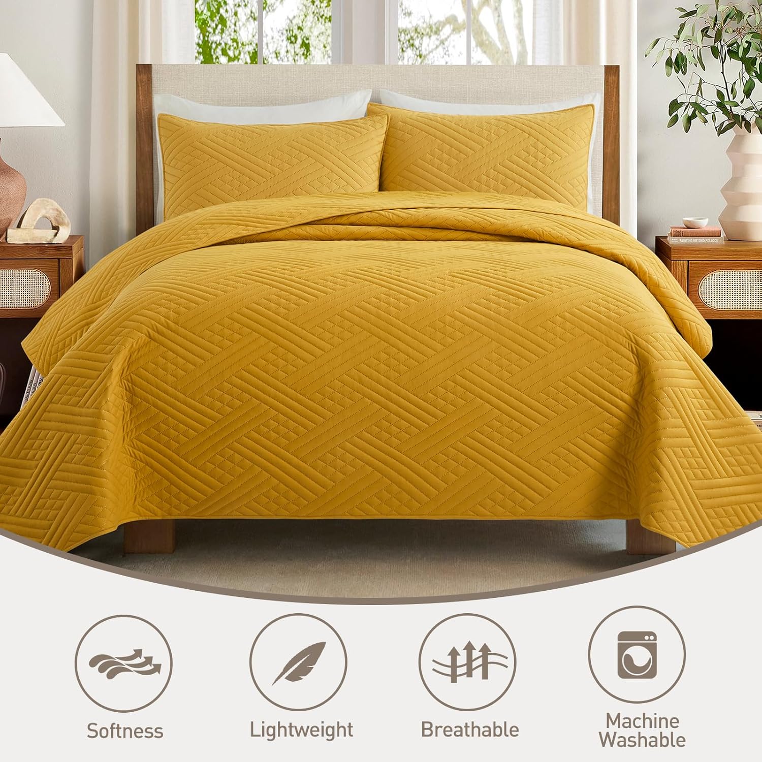 Safonory California King Quilt Set Mustard Yellow