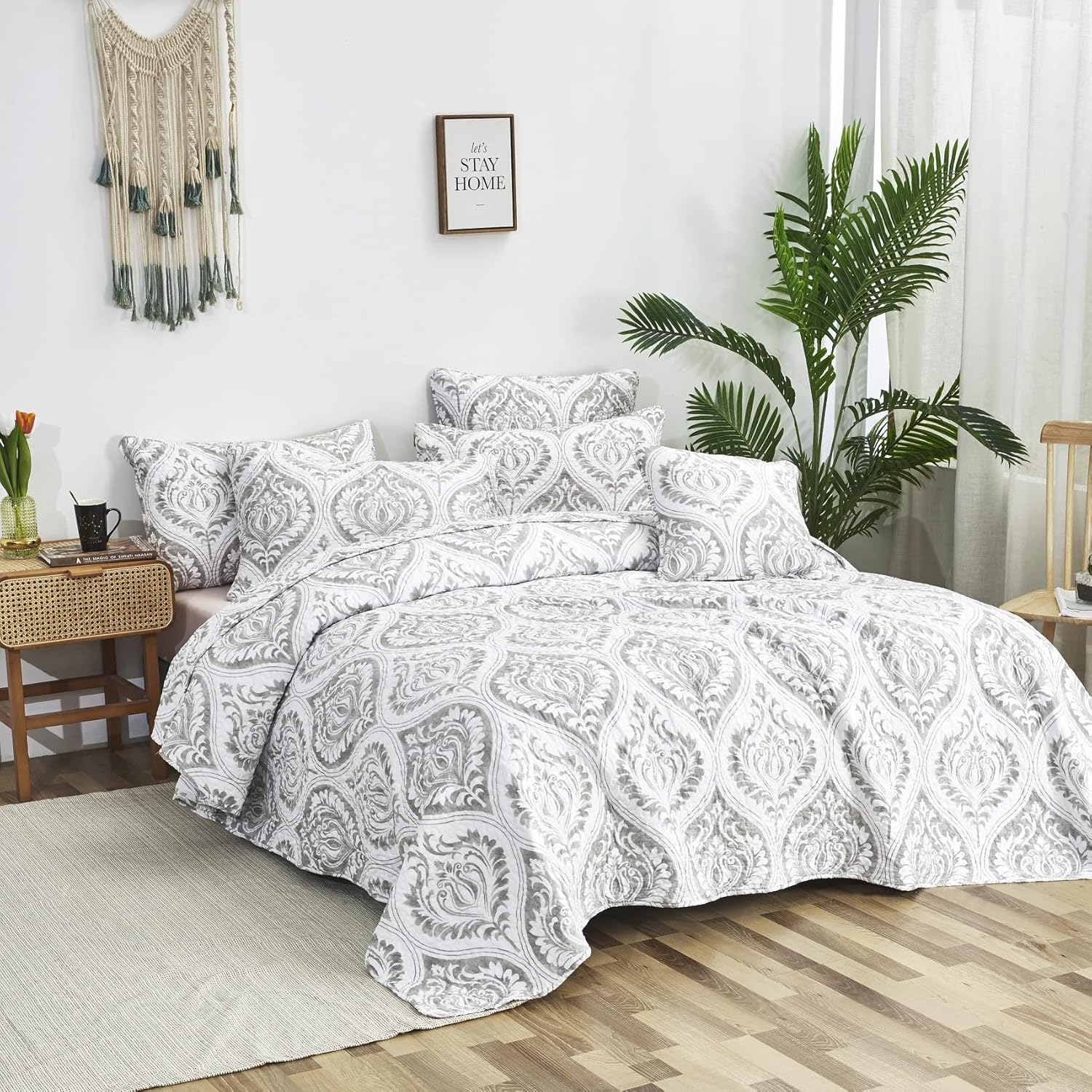 Tache Gray White Ogee Damask Quilt Set - 3 Piece California King