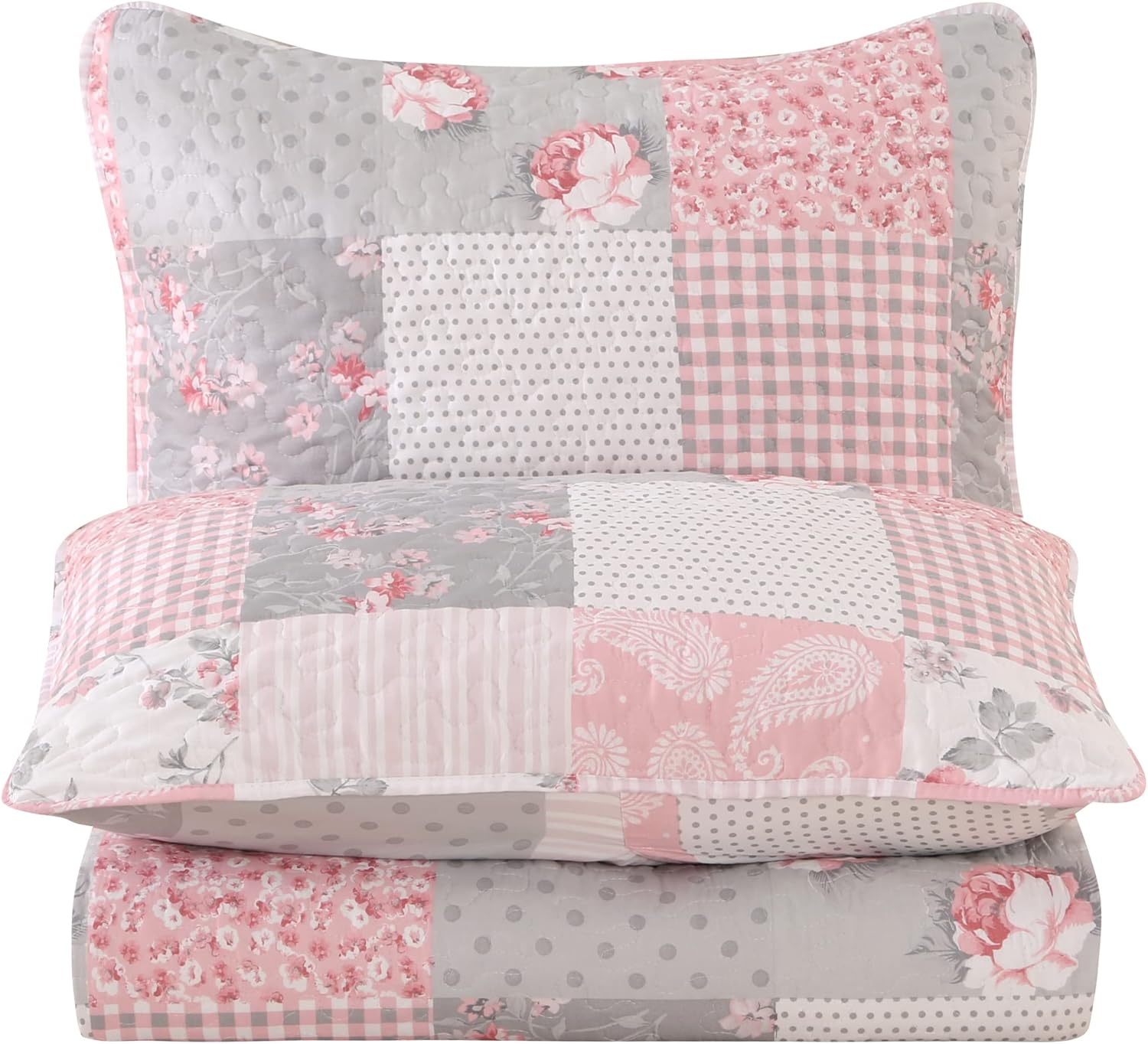 VIVILINEN King Size Reversible Quilt Set with Floral Patchwork