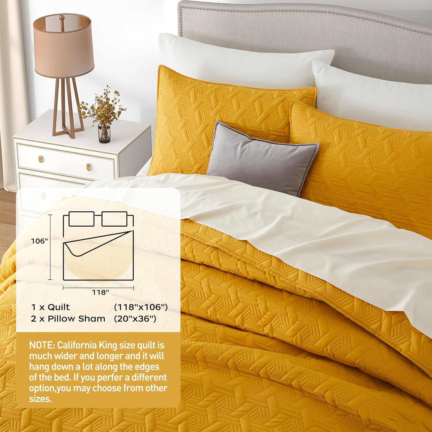 Lavsiry Mustard Yellow Quilt Set California King Size 3 Piece