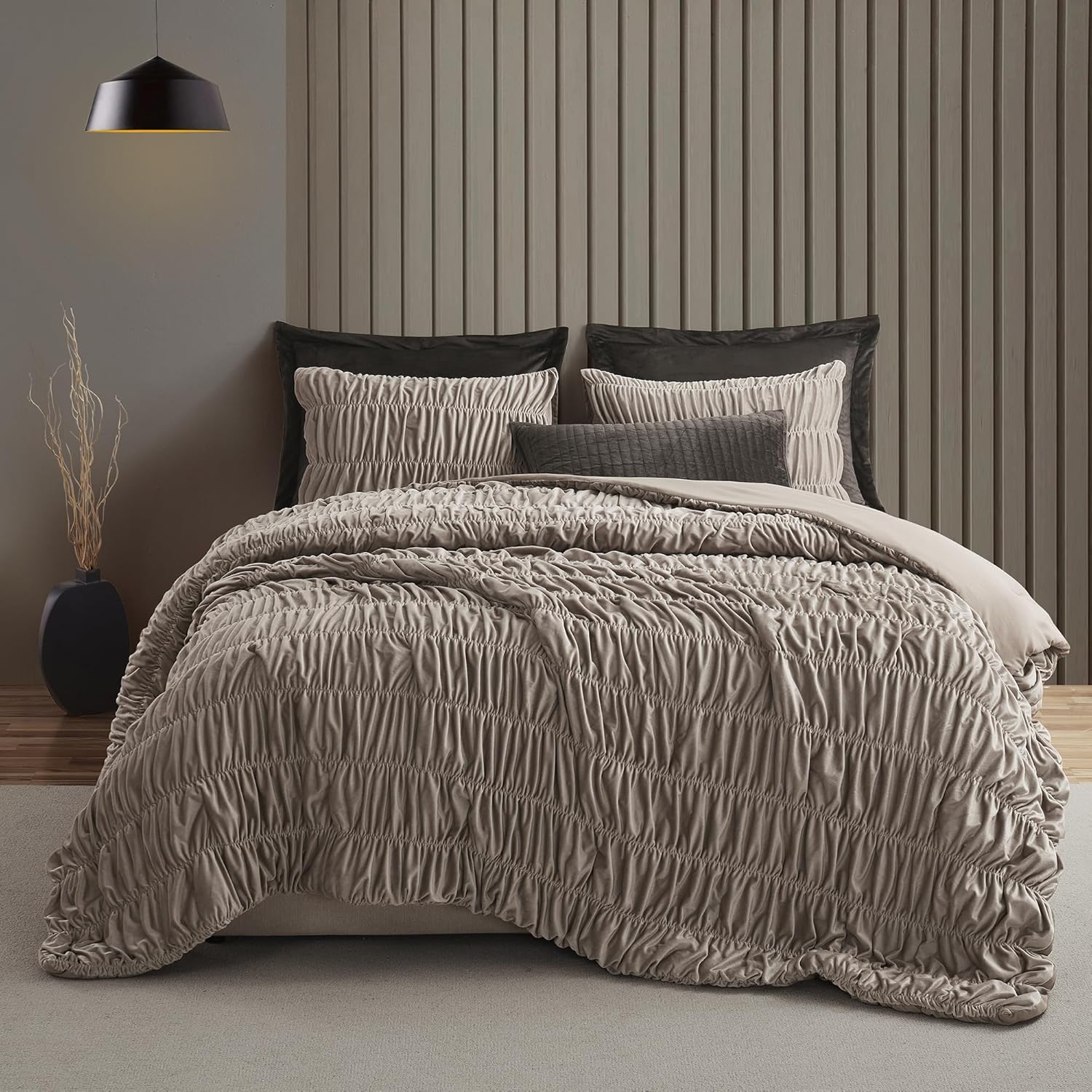 Wonderful Ruched Velvet Quilt Set Queen Size Light Brown