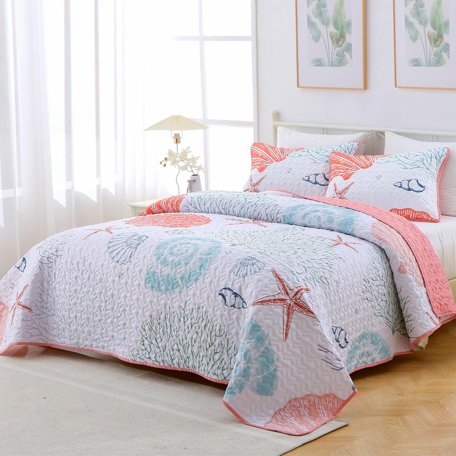Heymybed Queen Coastal Quilt Set with Pink Starfish Design