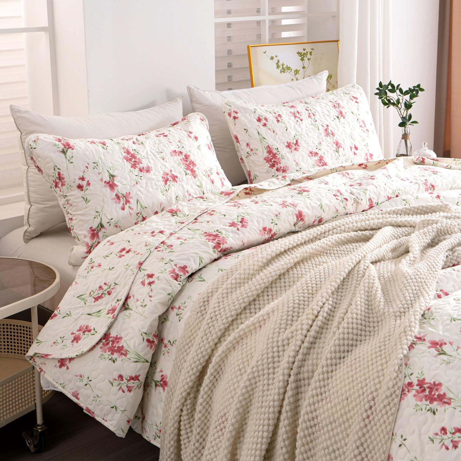 Floral Queen Quilt Set 3PCS Microfiber Bedding