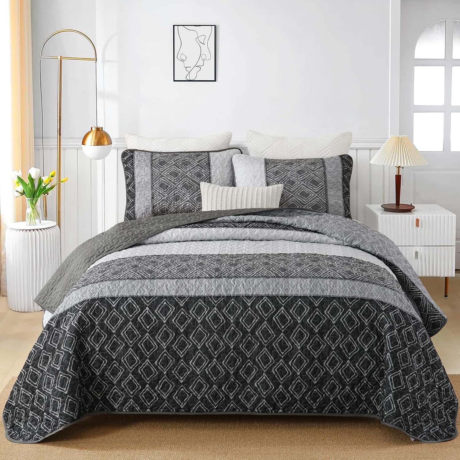 Cottolester Boho Quilt Set 3 Pieces Full Size Grey Striped Plaid