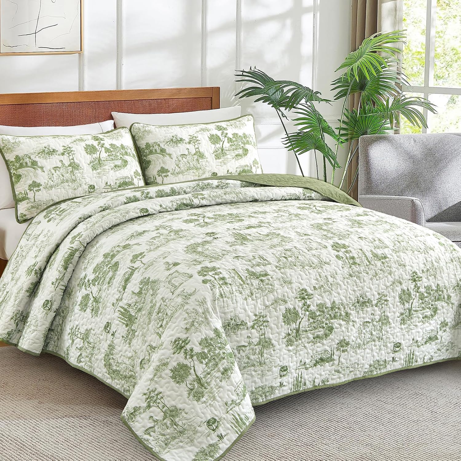 Drucon Sage Green Farmhouse Quilt Set King Size