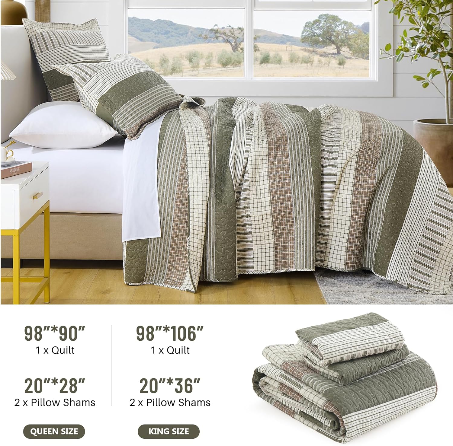 CozyQQ Striped Farmhouse King Quilt Set