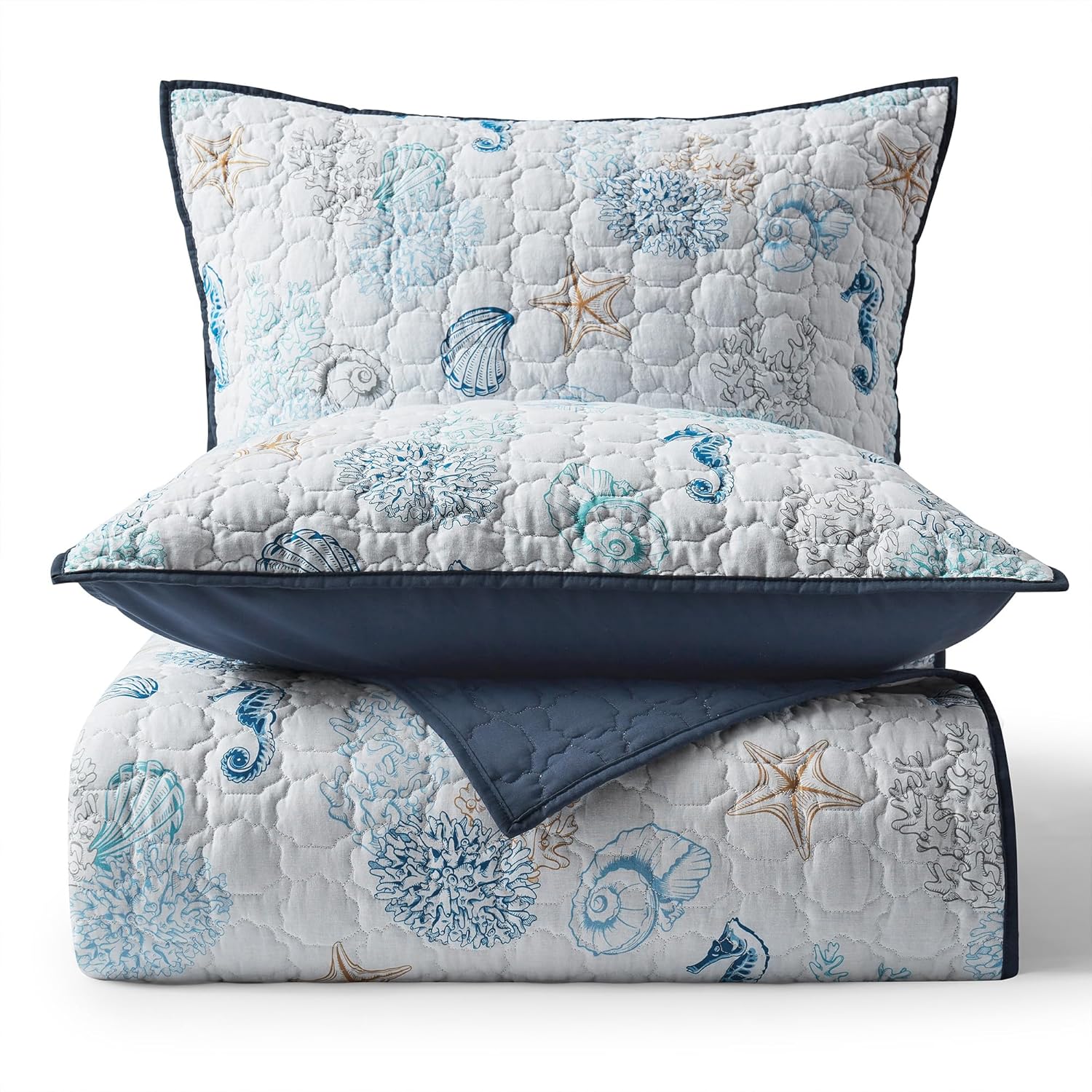 Wonderful Cotton Coastal Quilt Set King Size Reversible