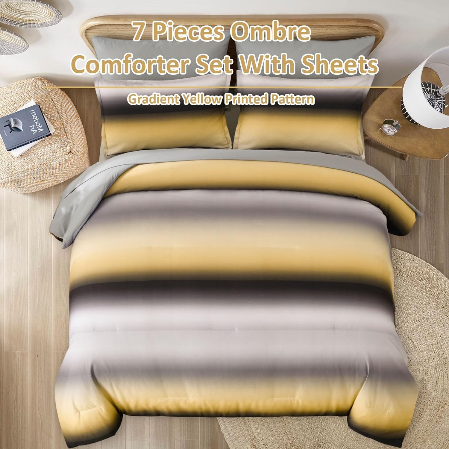 Dinjoy Boho Ombre Yellow Comforter Set 7 Piece Full Size