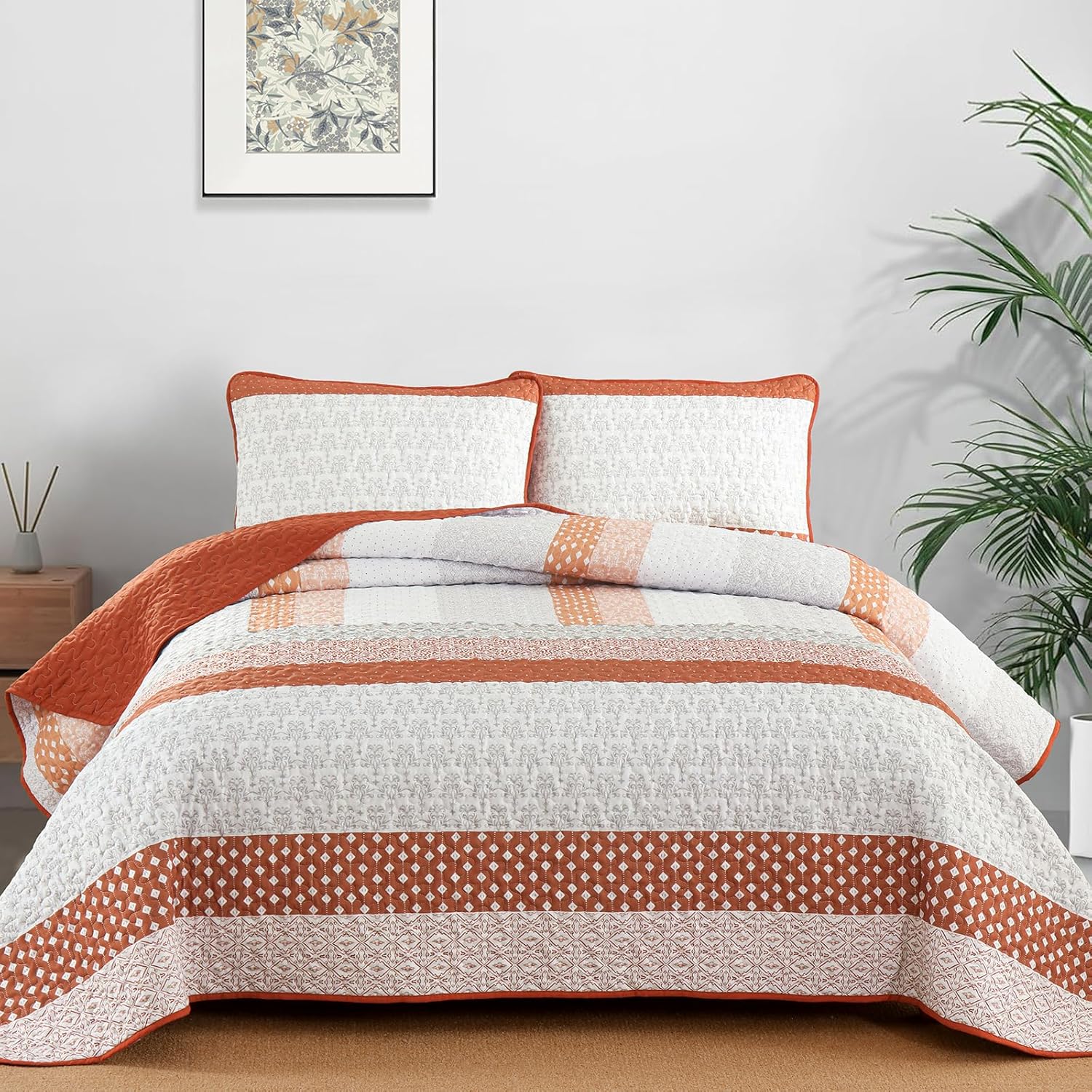 WONGS BEDDING Burnt Orange Boho Quilt Set Queen Size 3 Pieces