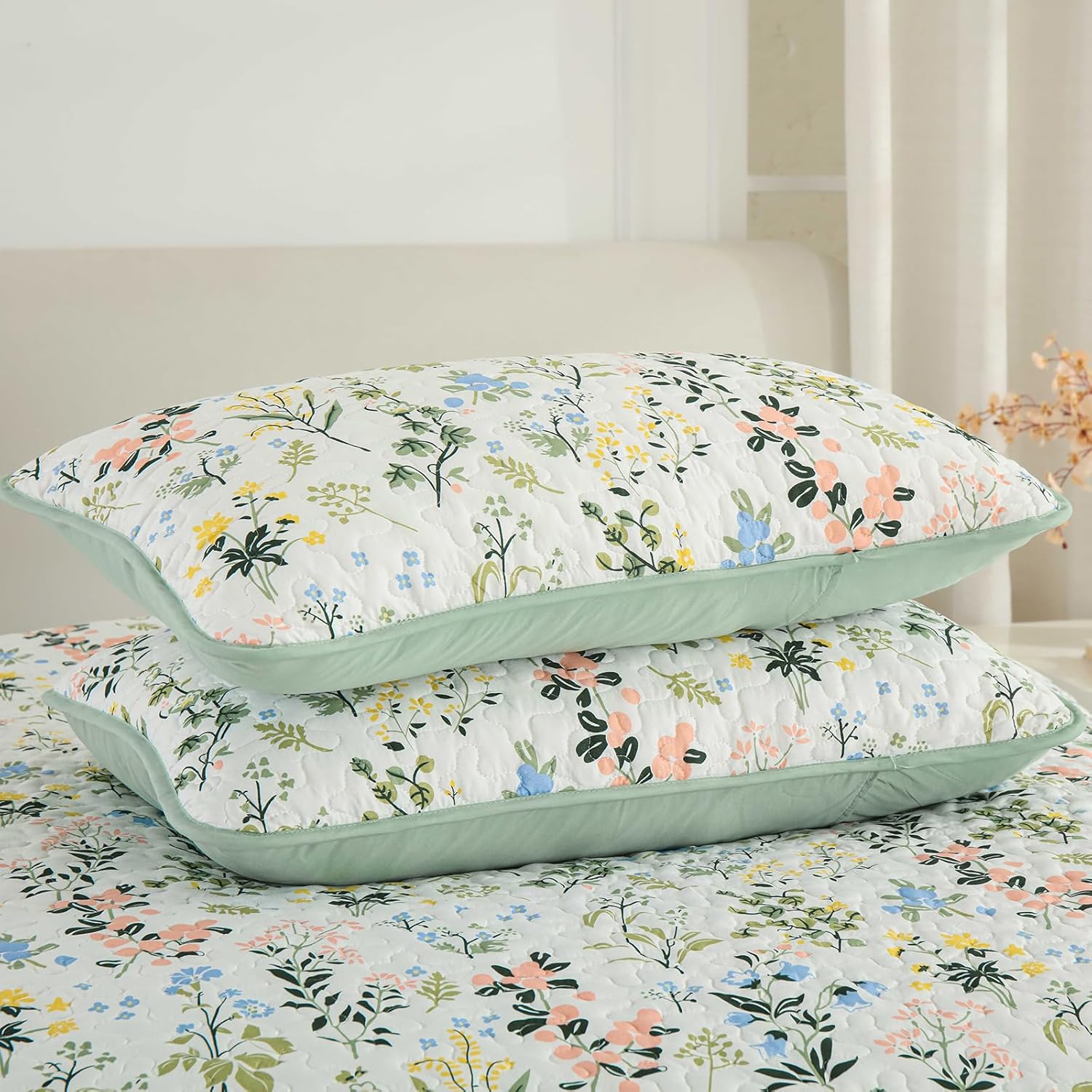 Anibedding Floral Quilt Set 3pcs King Size Green