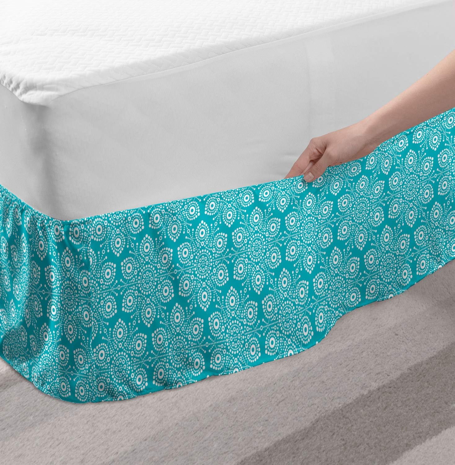 Lunarable Turquoise White Bedskirt with Elastic Wrap