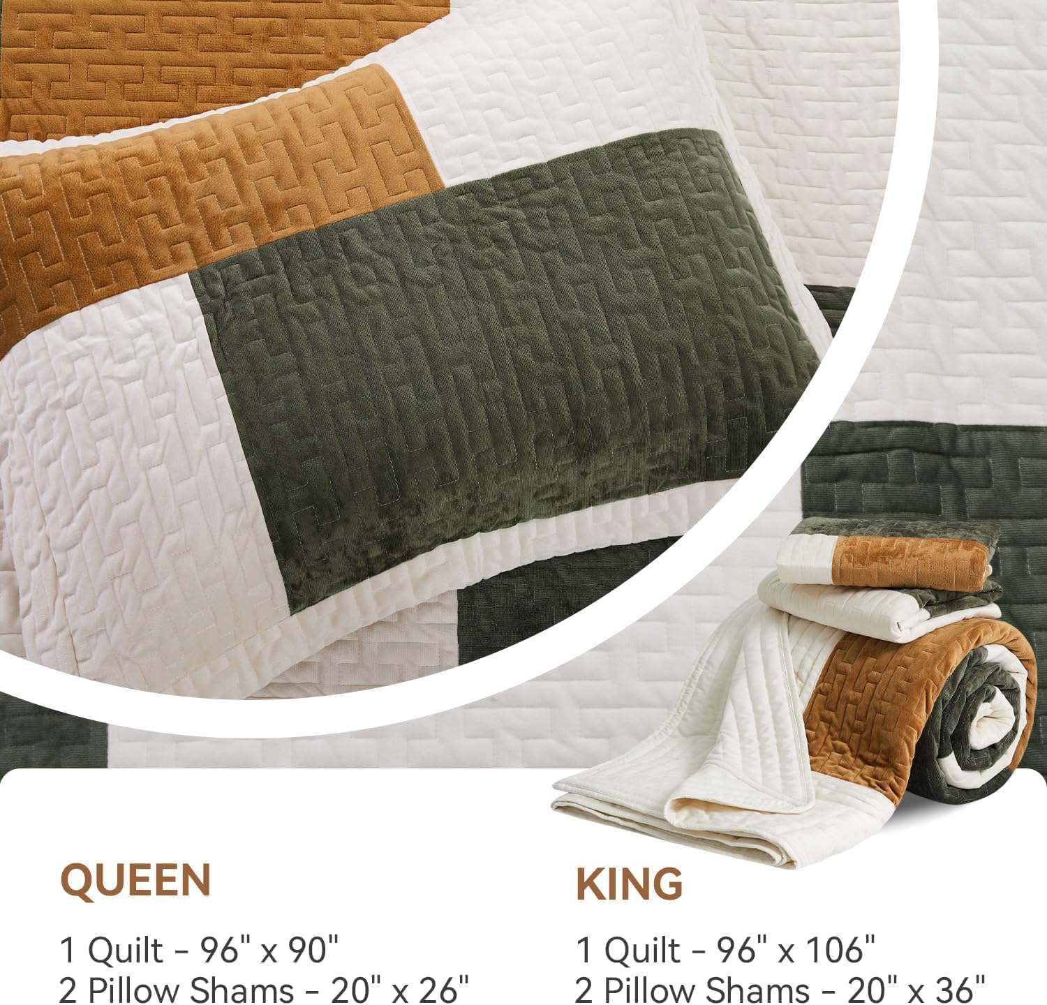 Grassix Velvet Queen Quilt Set - 90x96 Green Gold 3-Piece All Seasons