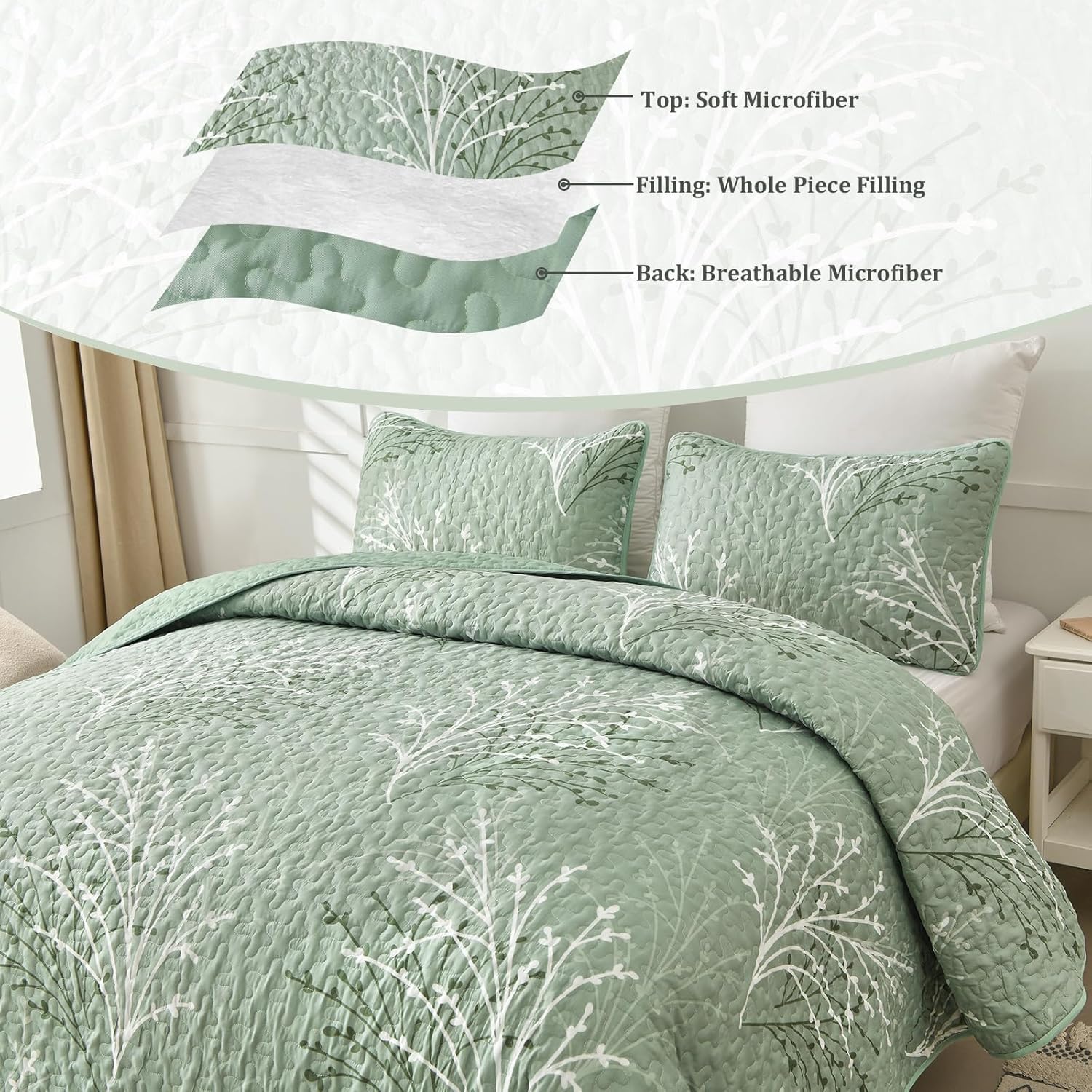 DJY Sage Green Floral Quilt Set California King