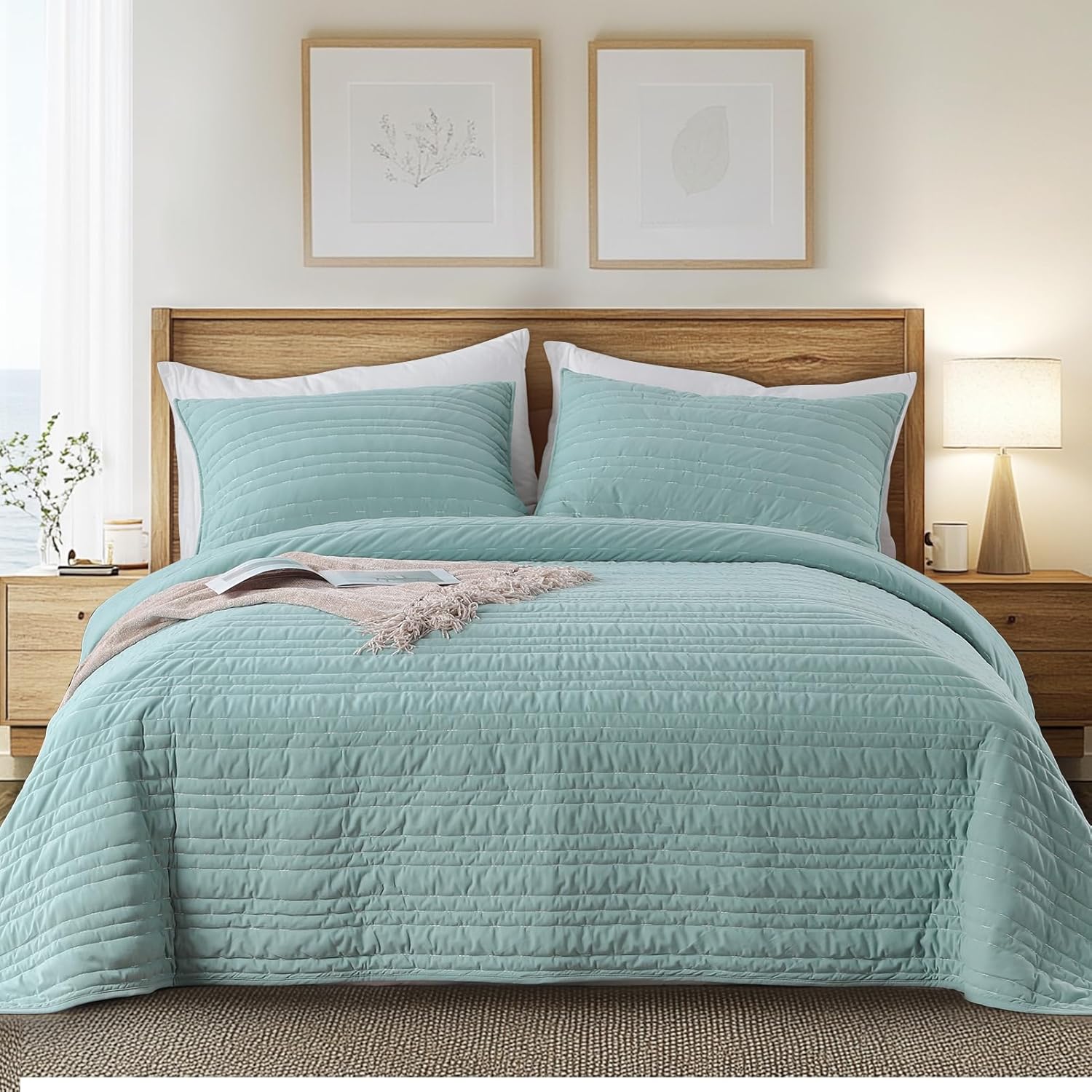 KASENTEX King Size Velvet Quilt Set 3 Pieces Lake Blue
