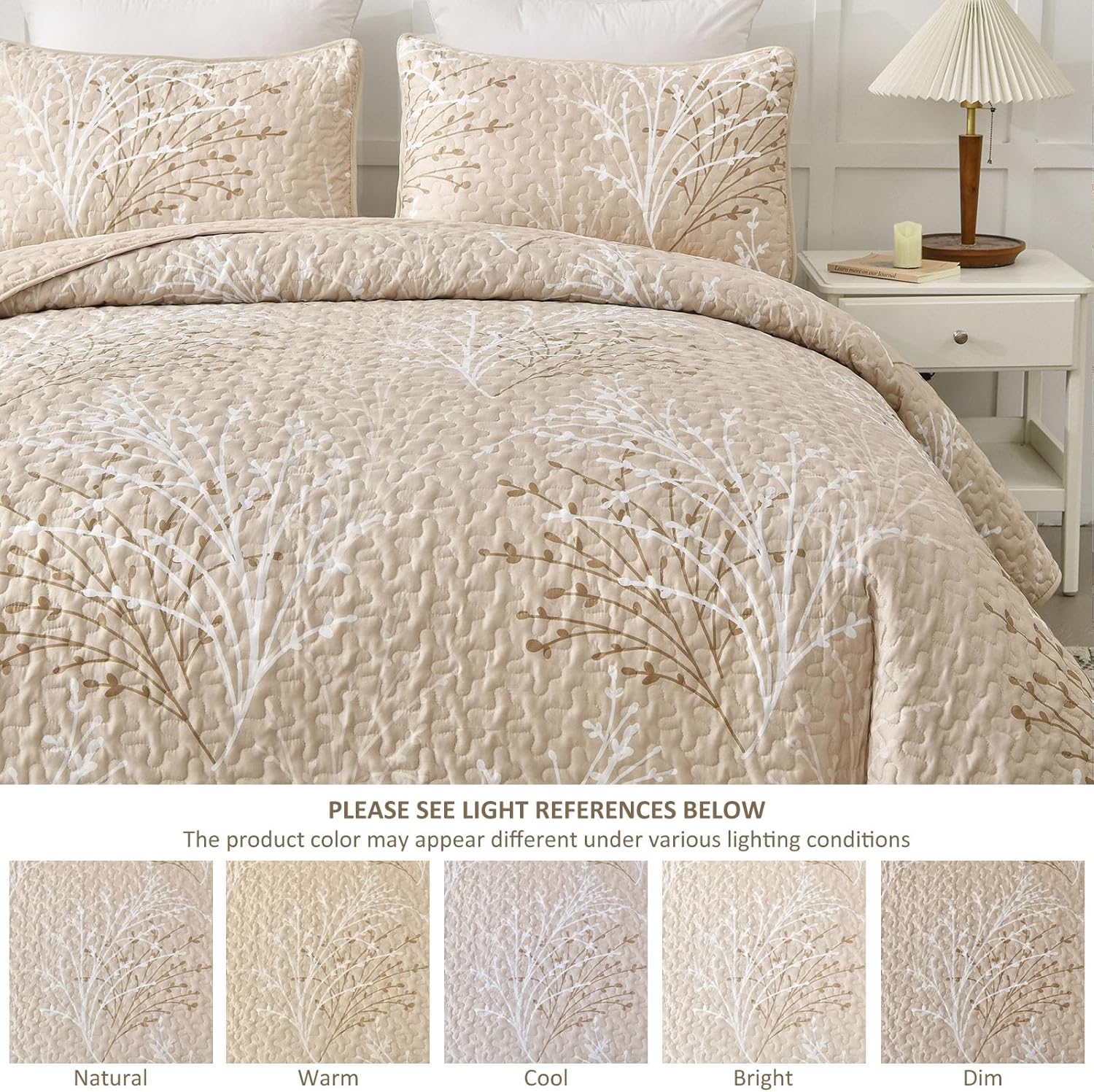 DJY Beige Botanical Quilt Set King Size 3 Piece