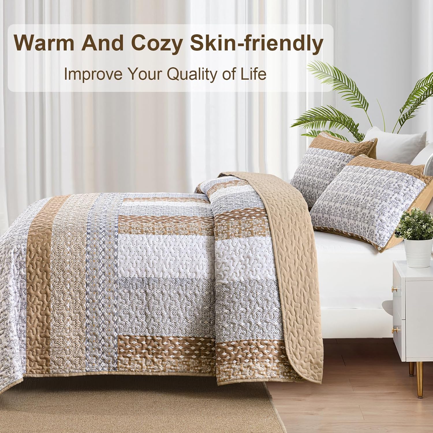 Wongs Brown Bohemian Stripe Quilt King Size Set