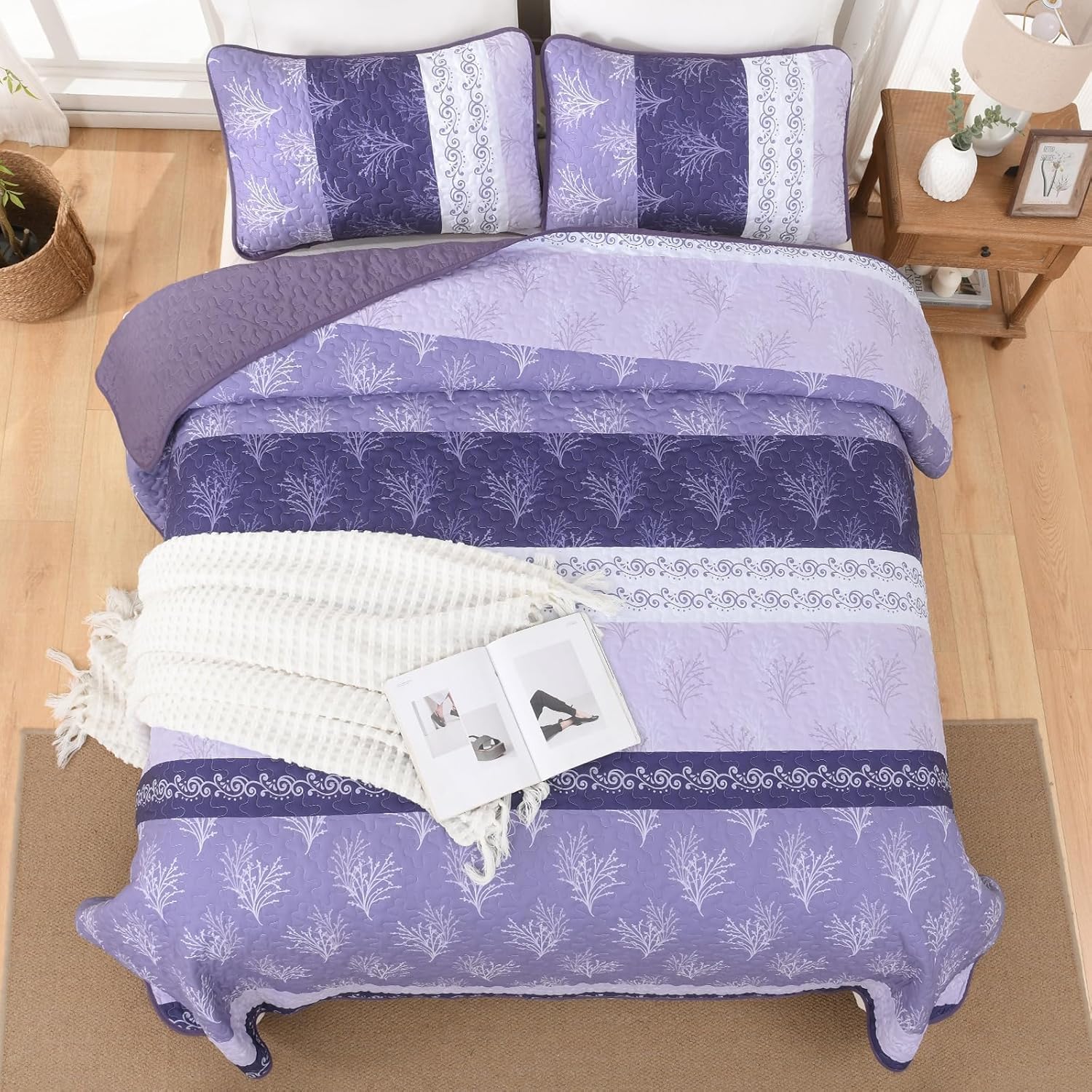 DJY Boho Quilt Set King Size Purple Striped Bedspread