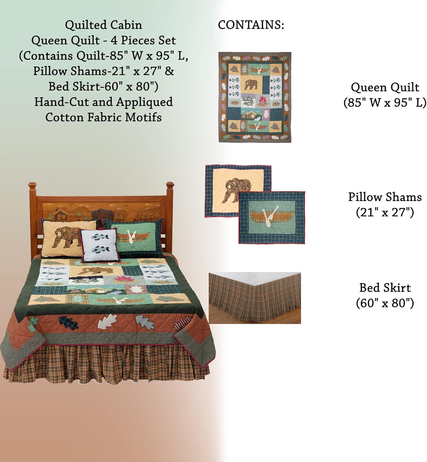 Patch Magic Quilts Queen Set - 4 Piece with Quilt Pillow Shams Bed Skirt