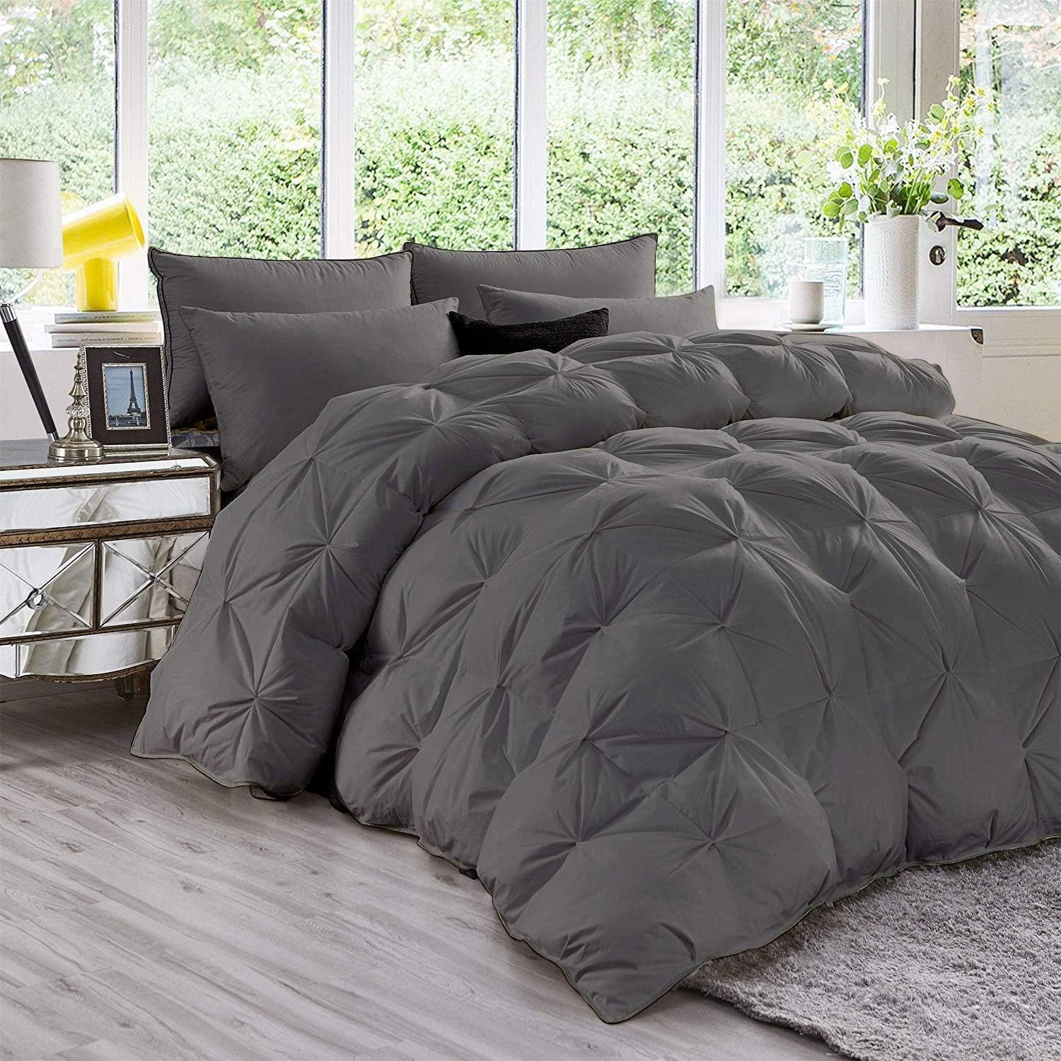 Crown Bedding 3-Piece Pinch Pleated Comforter Set Super King Dark Grey