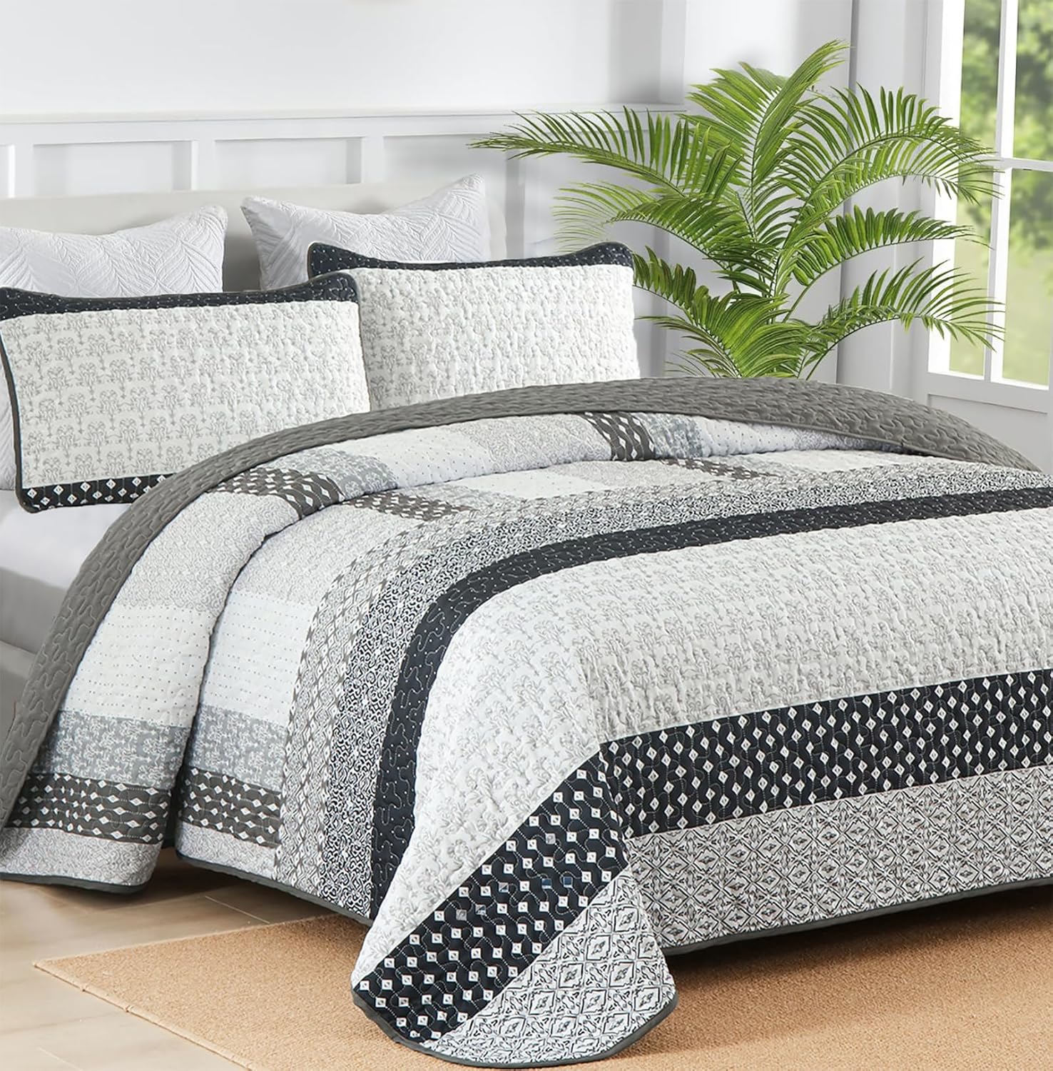 WONGS BEDDING Boho Stripe Queen Quilt Set 3 Piece