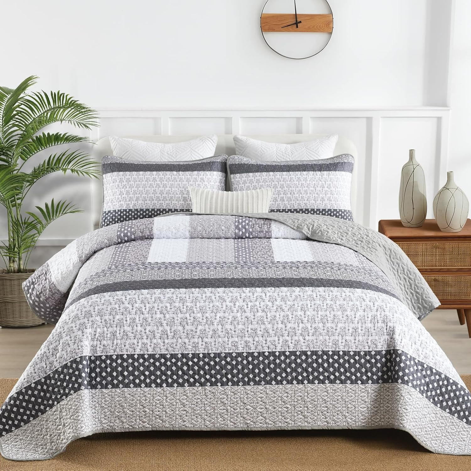 WONGS BEDDING Grey Boho Queen Quilt Set 3 pcs
