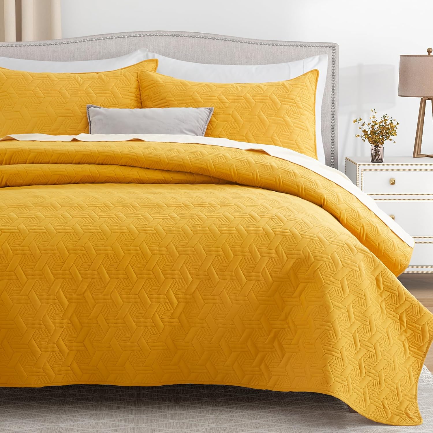 Lavsiry Mustard Yellow Quilt Set California King Size 3 Piece