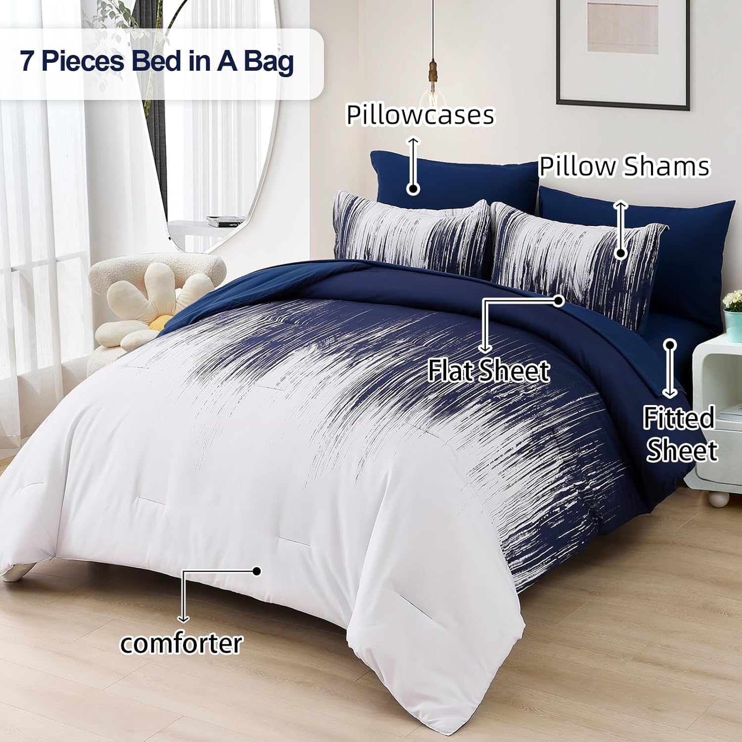 Dinjoy Ombre Navy Blue Comforter Set 7 Pieces