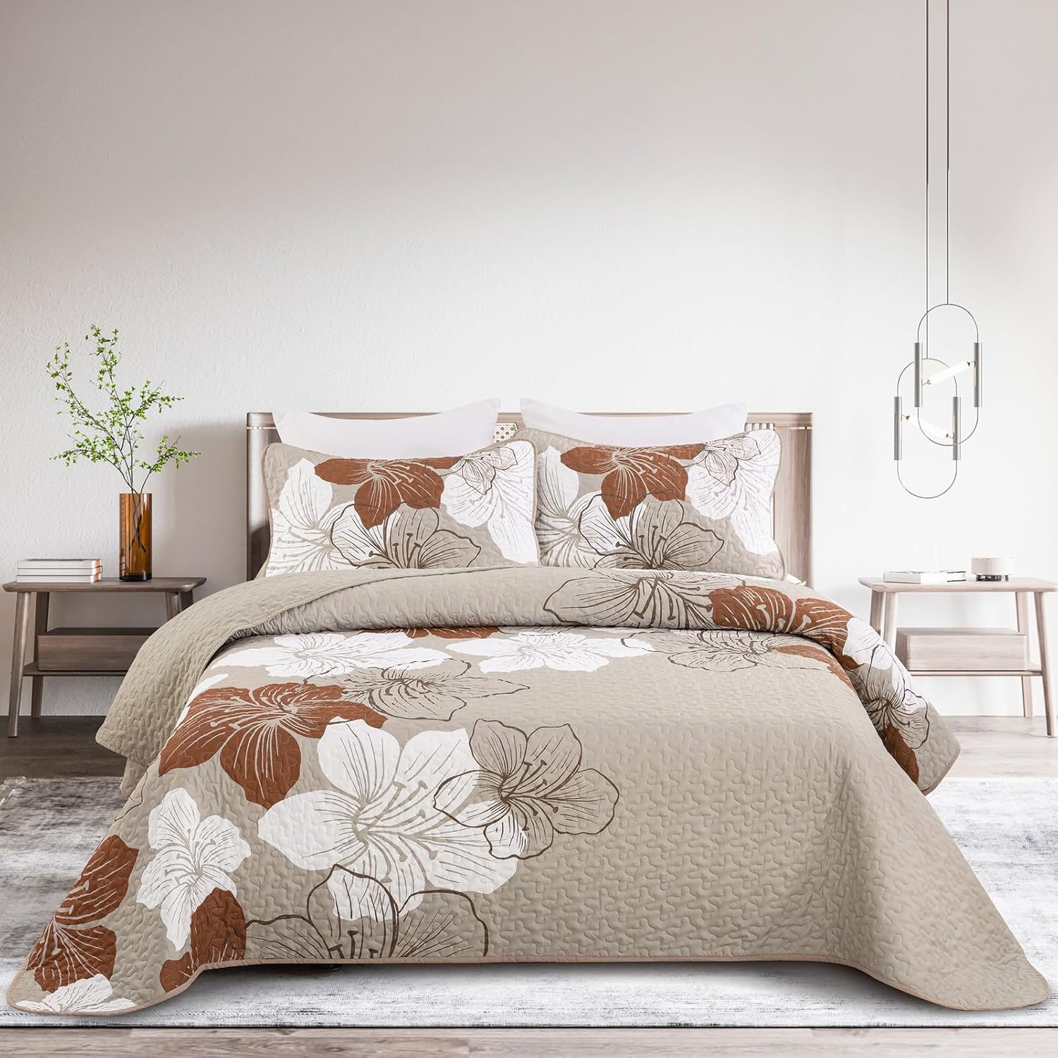 DJY 3 Piece King Taupe Floral Quilt Set