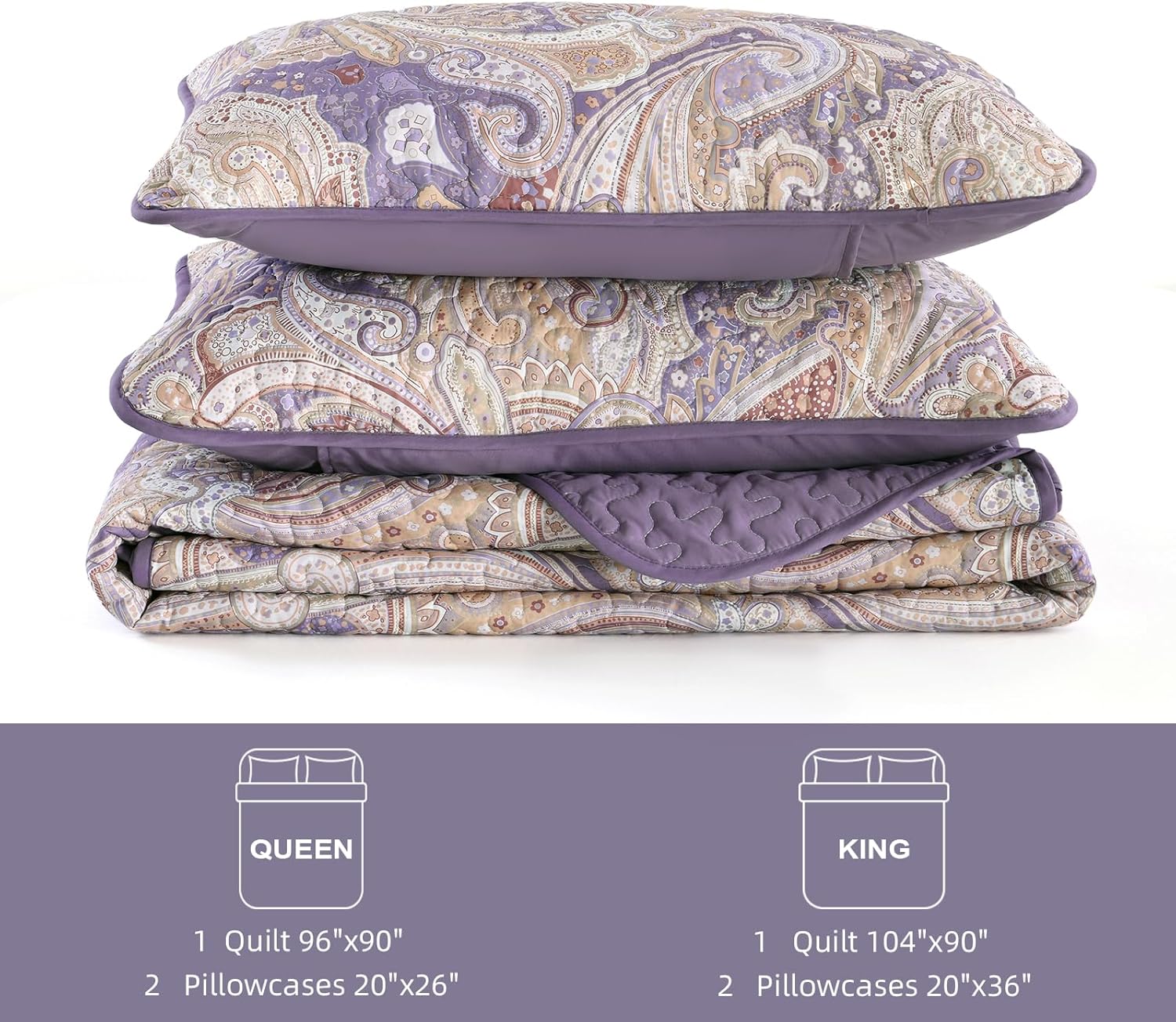 DJY Purple Paisley Queen Quilt Set 3 Pieces