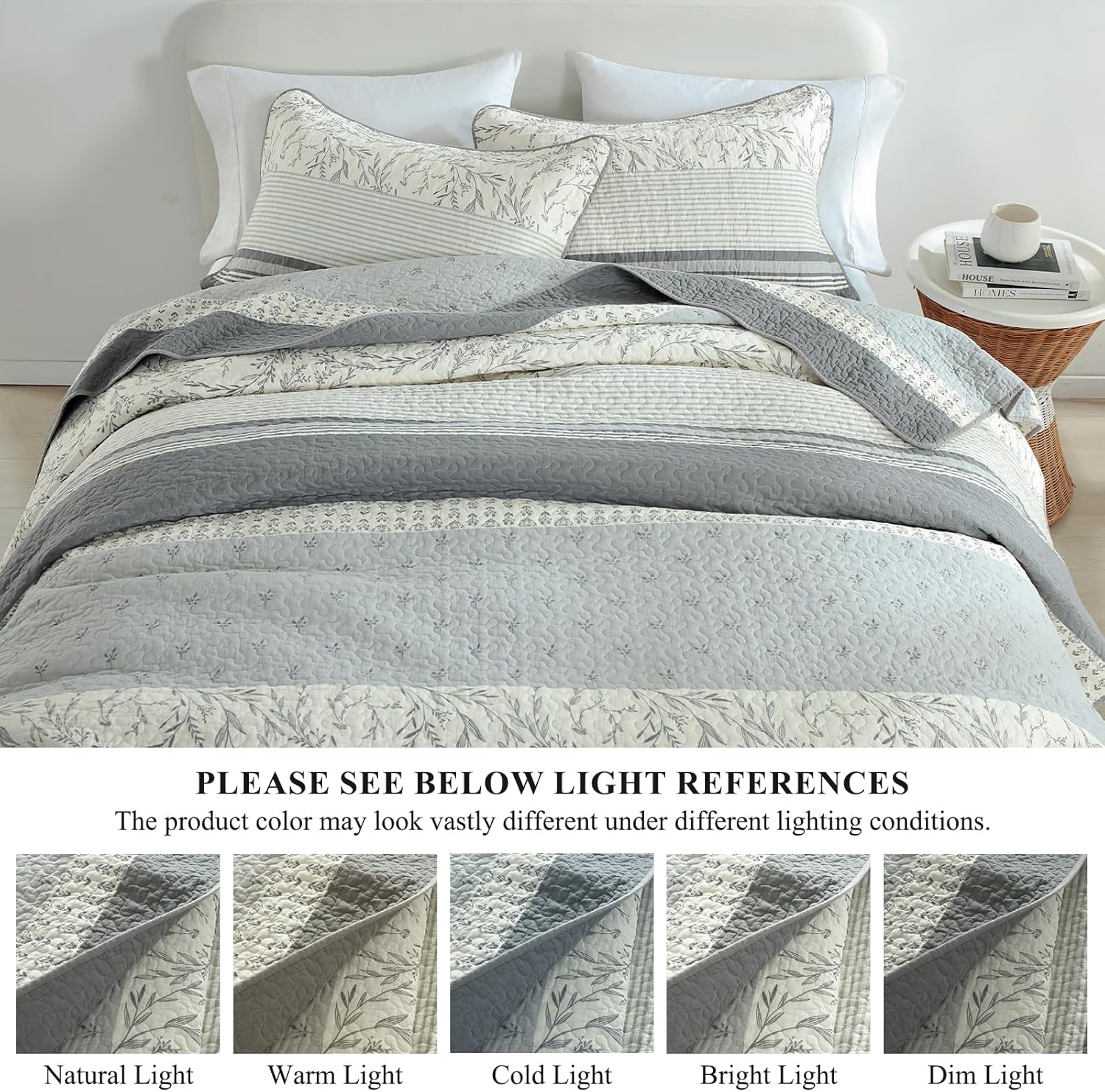SOElinens King Size Gray White Quilt Set with Shams