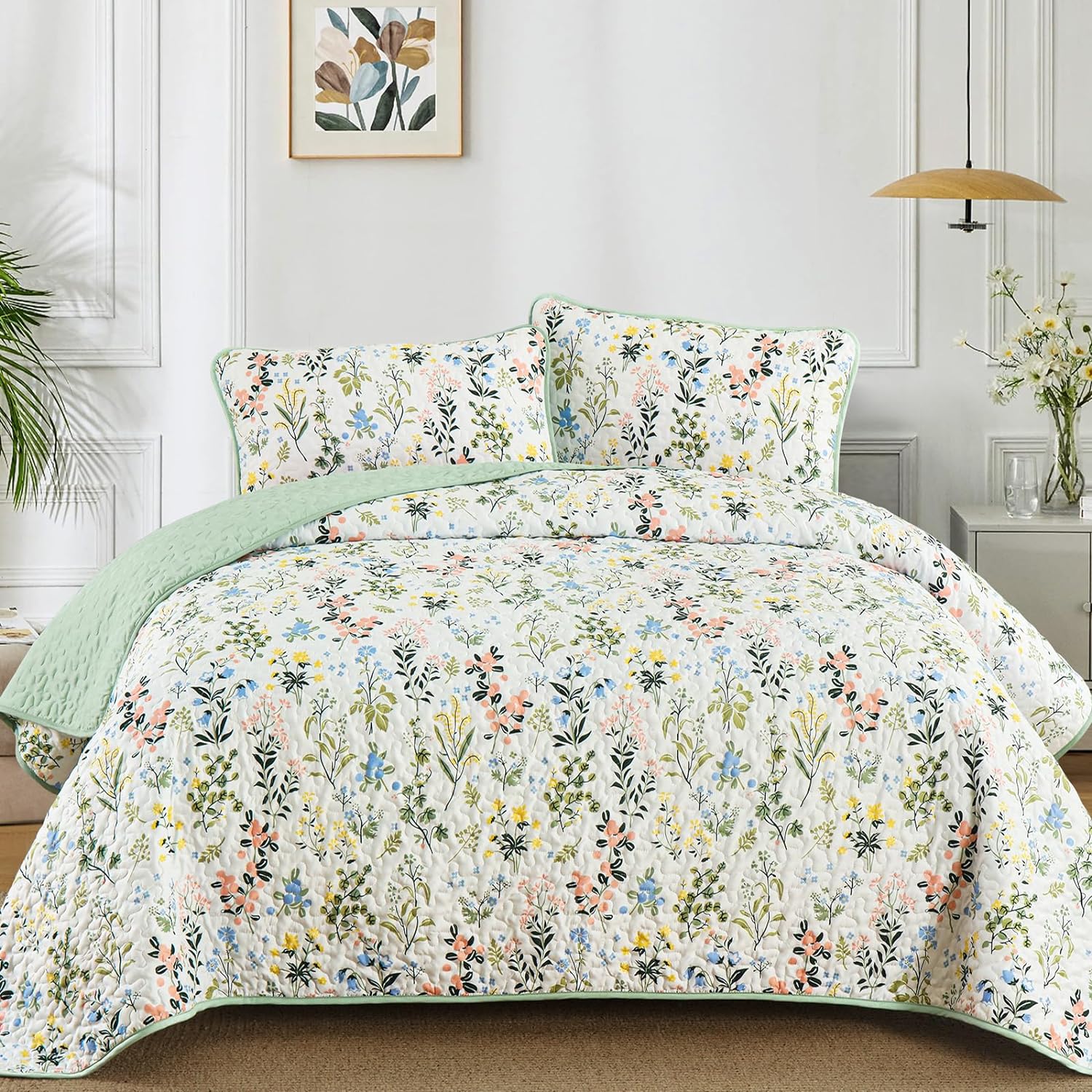 Anibedding Floral Quilt Set 3pcs King Size Green