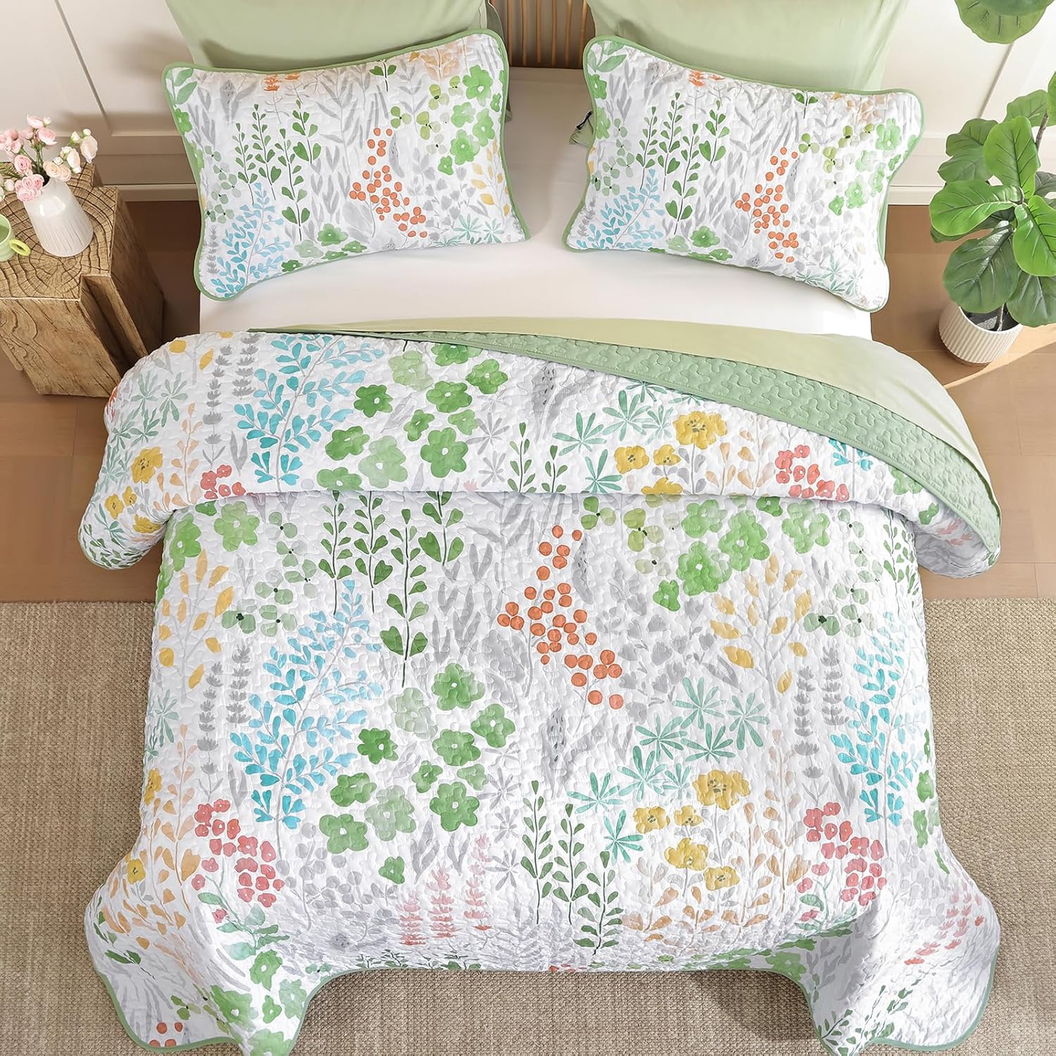 Sage Green Floral Quilt Set Queen 3 Pieces 1