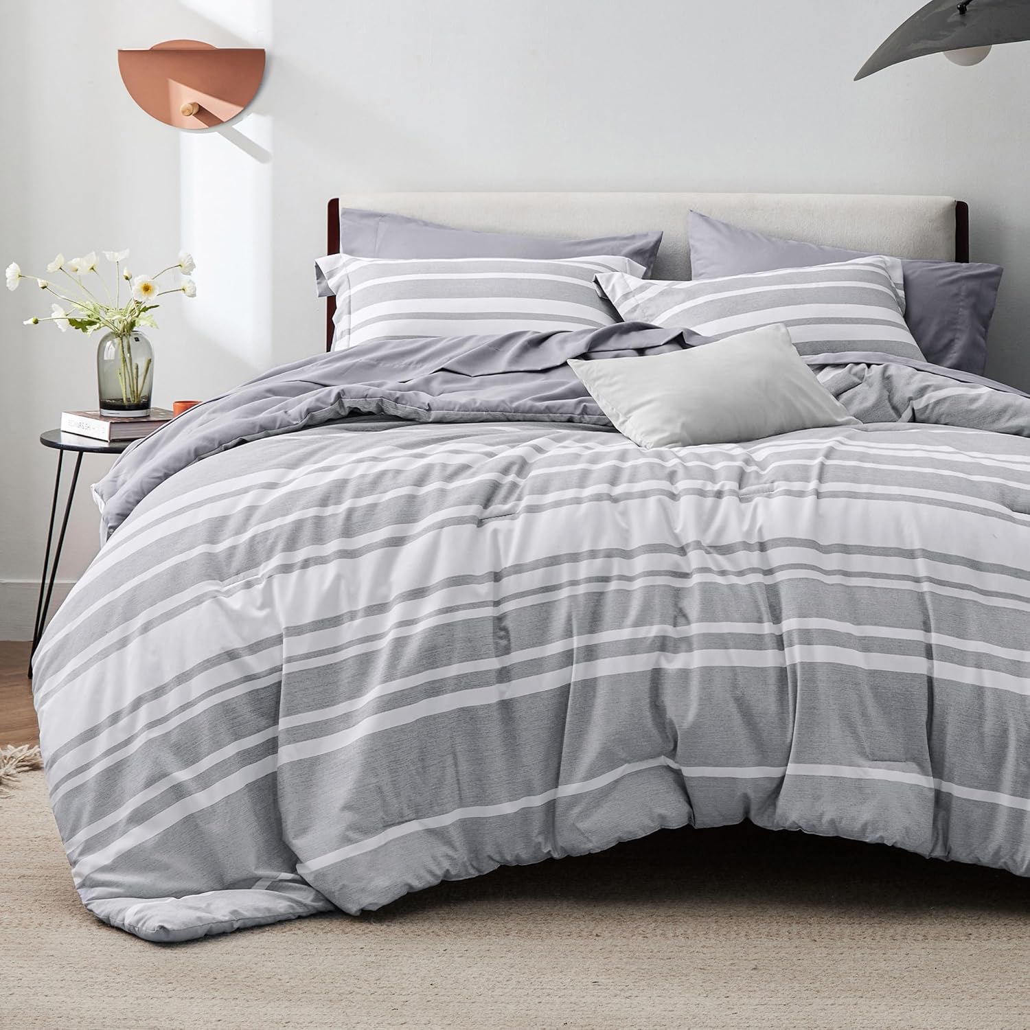 Bedsure California King Comforter Set 7 Piece Grey Striped