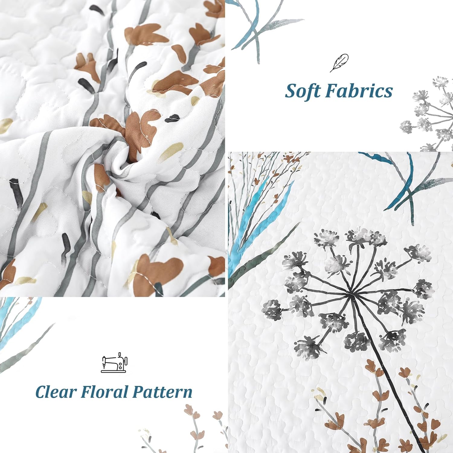 Dobuyly Teal Floral Queen Quilt 3-Piece Set