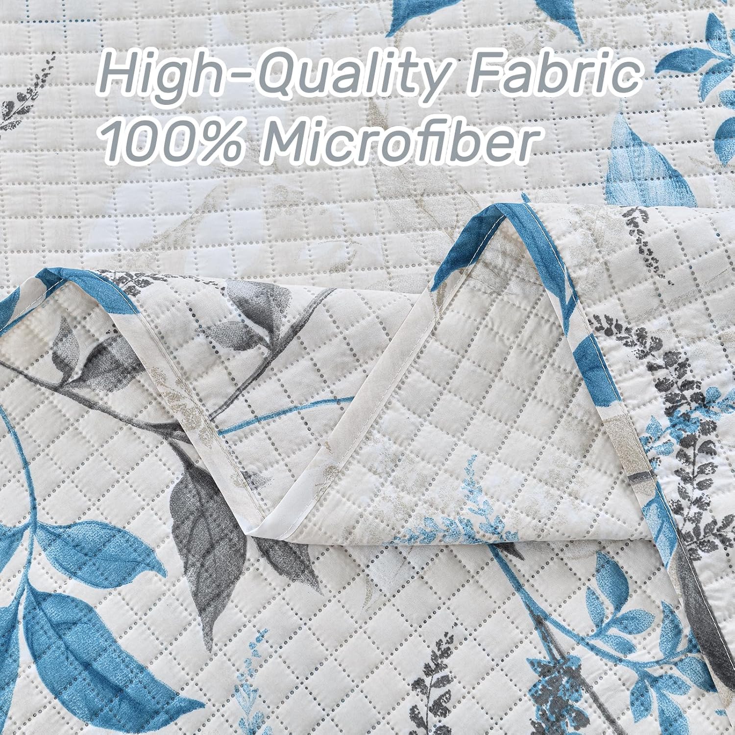 HollyHOME 3-Piece Quilt Set with Teal Gray Leaves Design