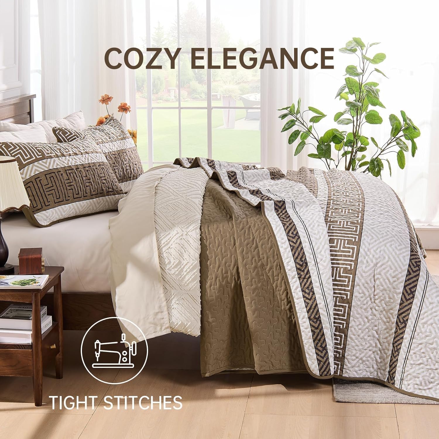 DJY Queen Size Brown Striped Quilt Set 3 Pcs
