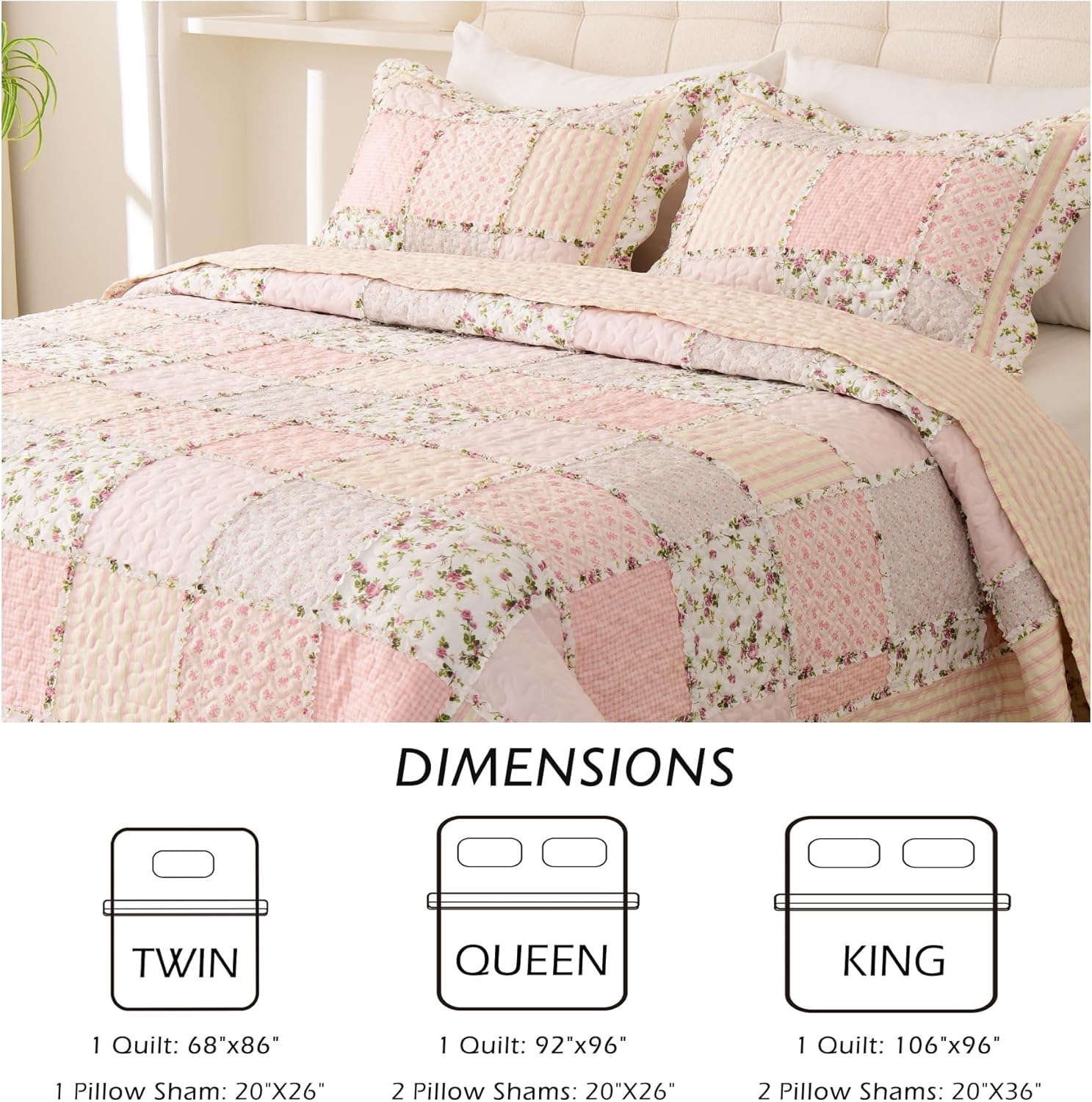 Cmfshape Garden Floral Quilt Bedspread King Size 3 Piece Set
