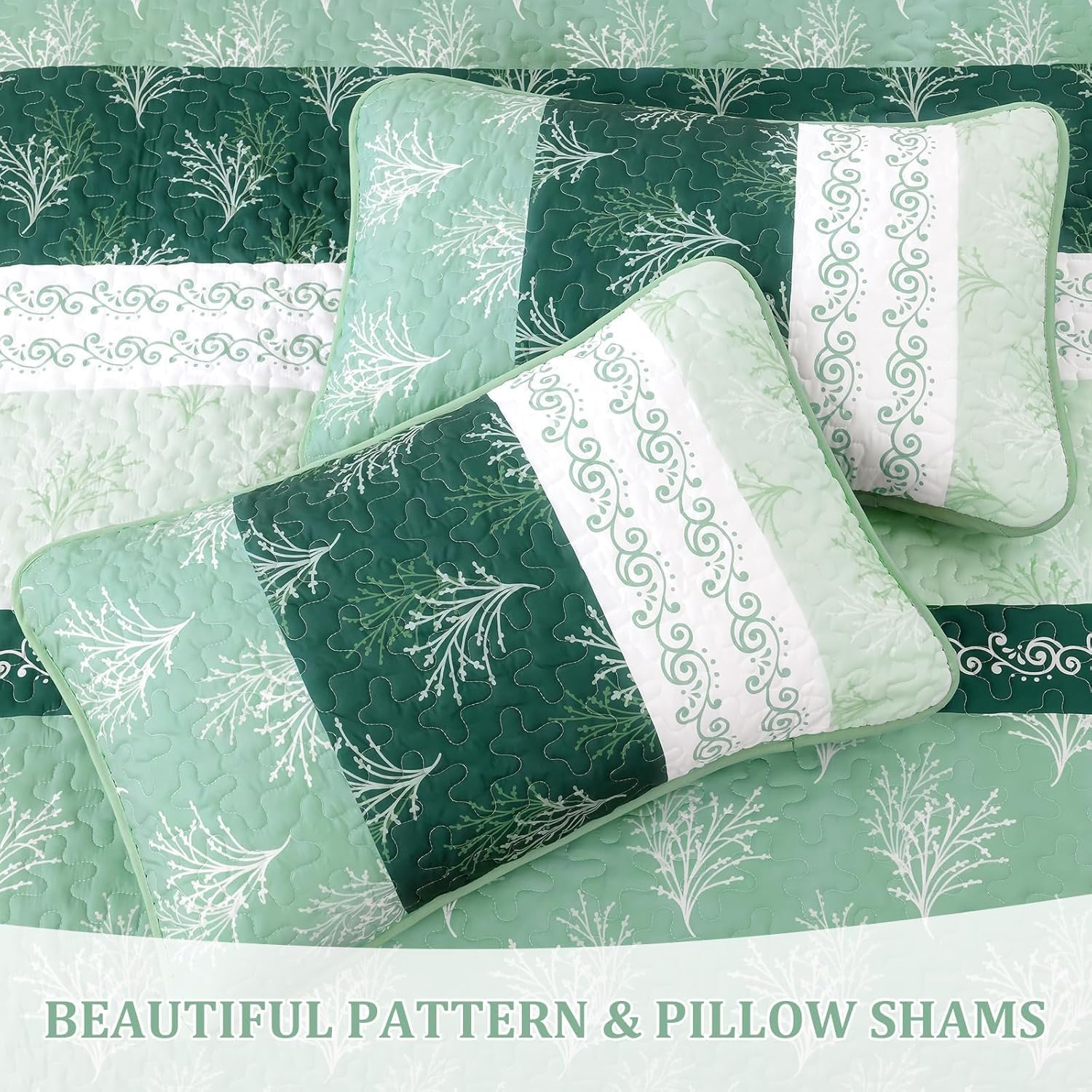 DJY Boho Quilt Set with 3 Pieces King Green Striped Floral Bedspread