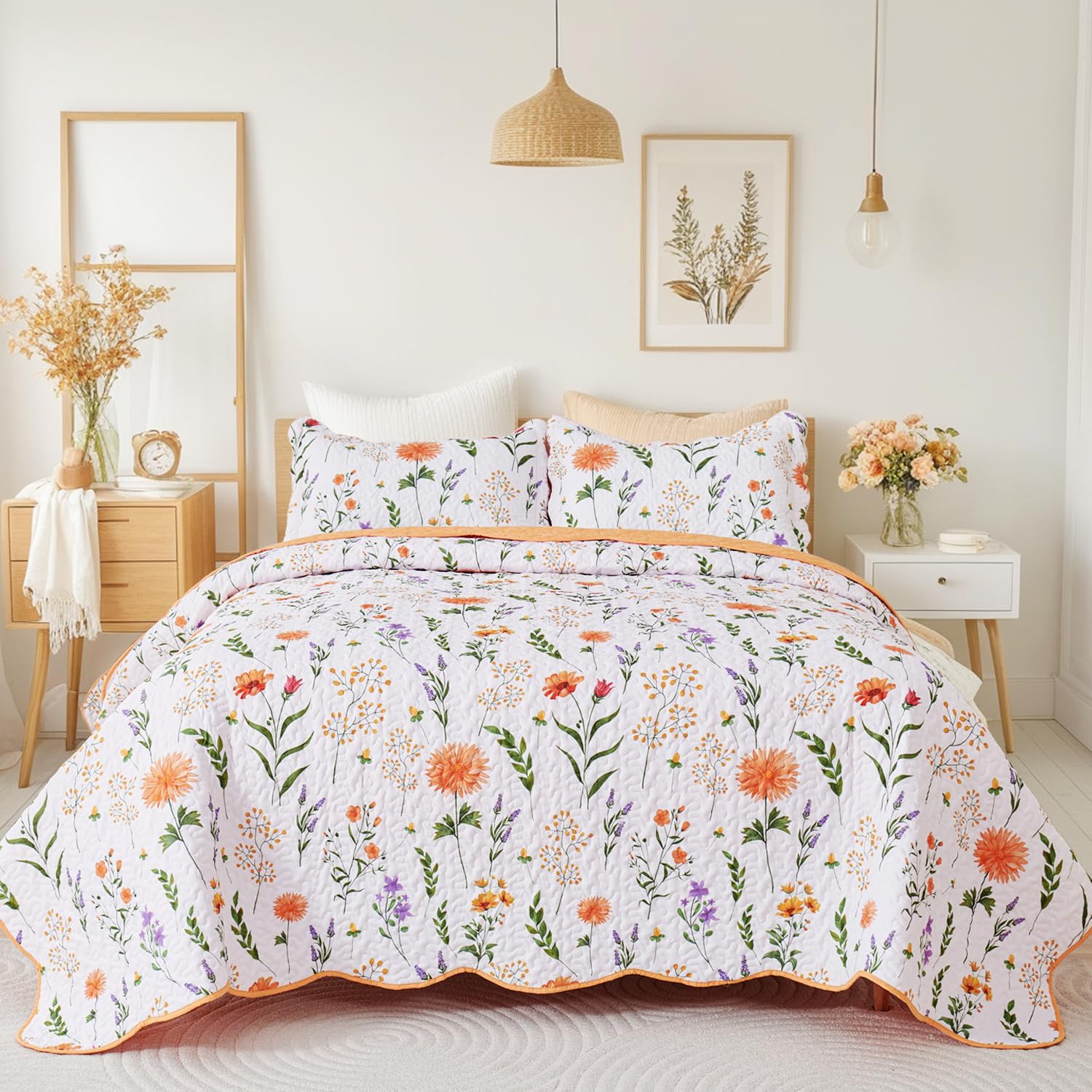 EVENHUG Queen Floral Quilt Set 3 Piece Reversible Bedding