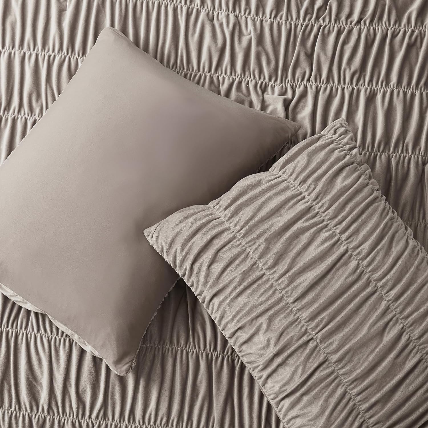 Wonderful Ruched Velvet Quilt Set Queen Size Light Brown