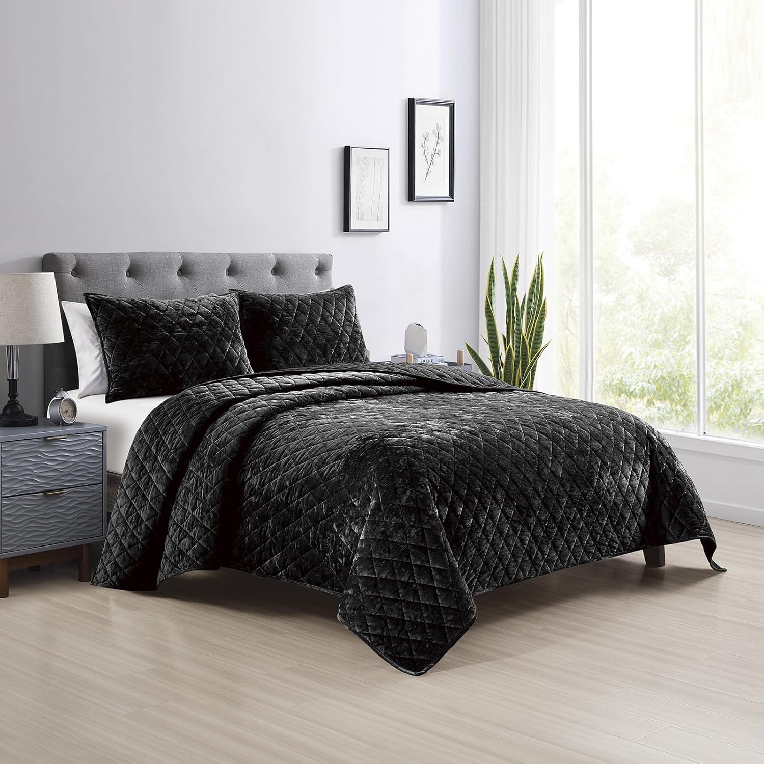 Fredsure Distressed Velvet Quilt Set 3pc Black Queen