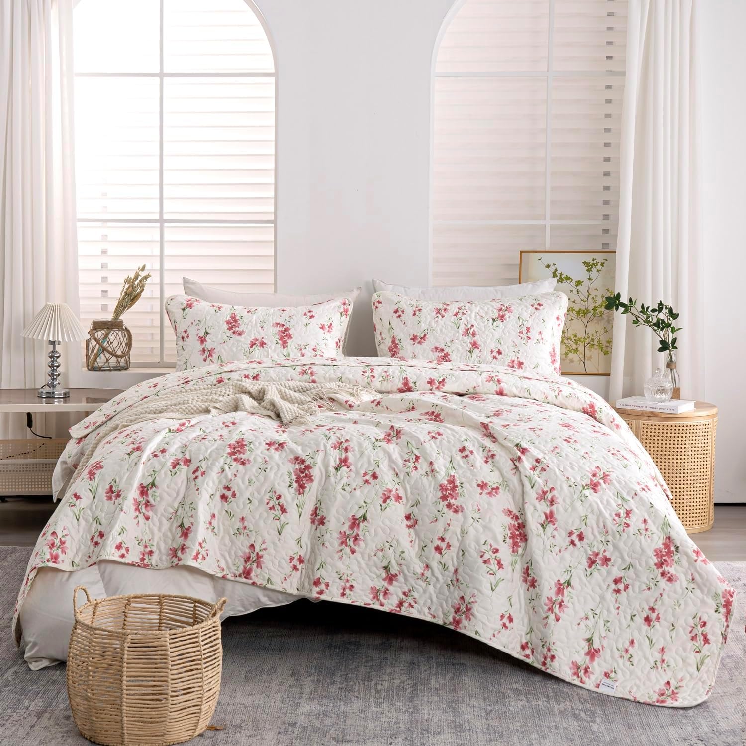 Floral Queen Quilt Set 3PCS Microfiber Bedding