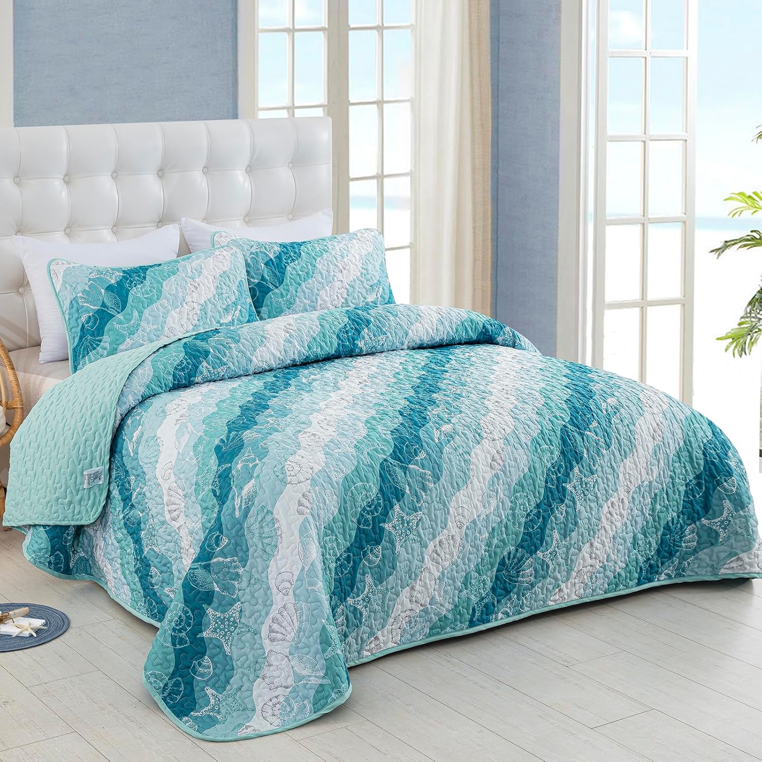 Dinjoy Coastal Blue Green King Size Quilt Set
