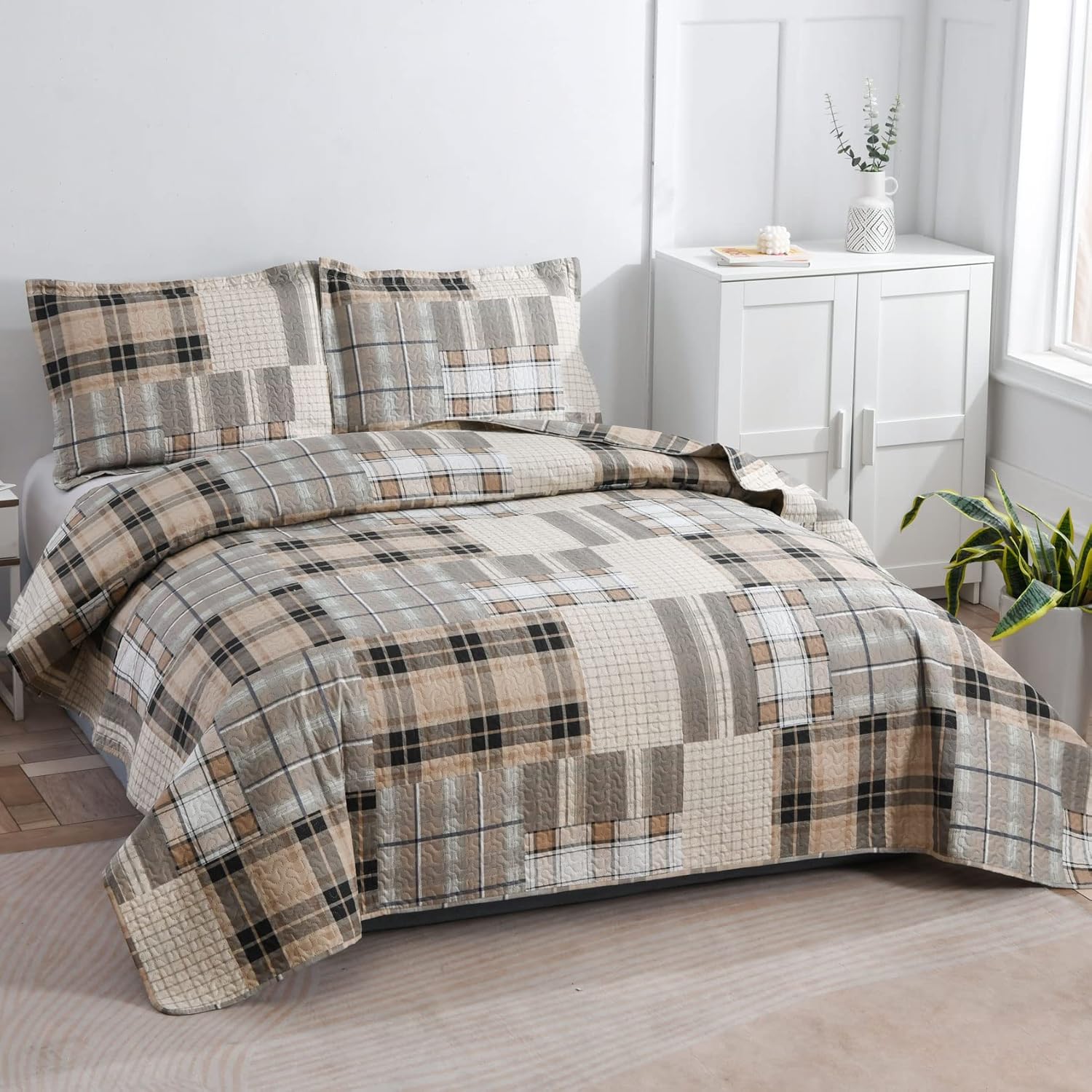 Green Essen King Size Plaid Quilt Set Brown Grey