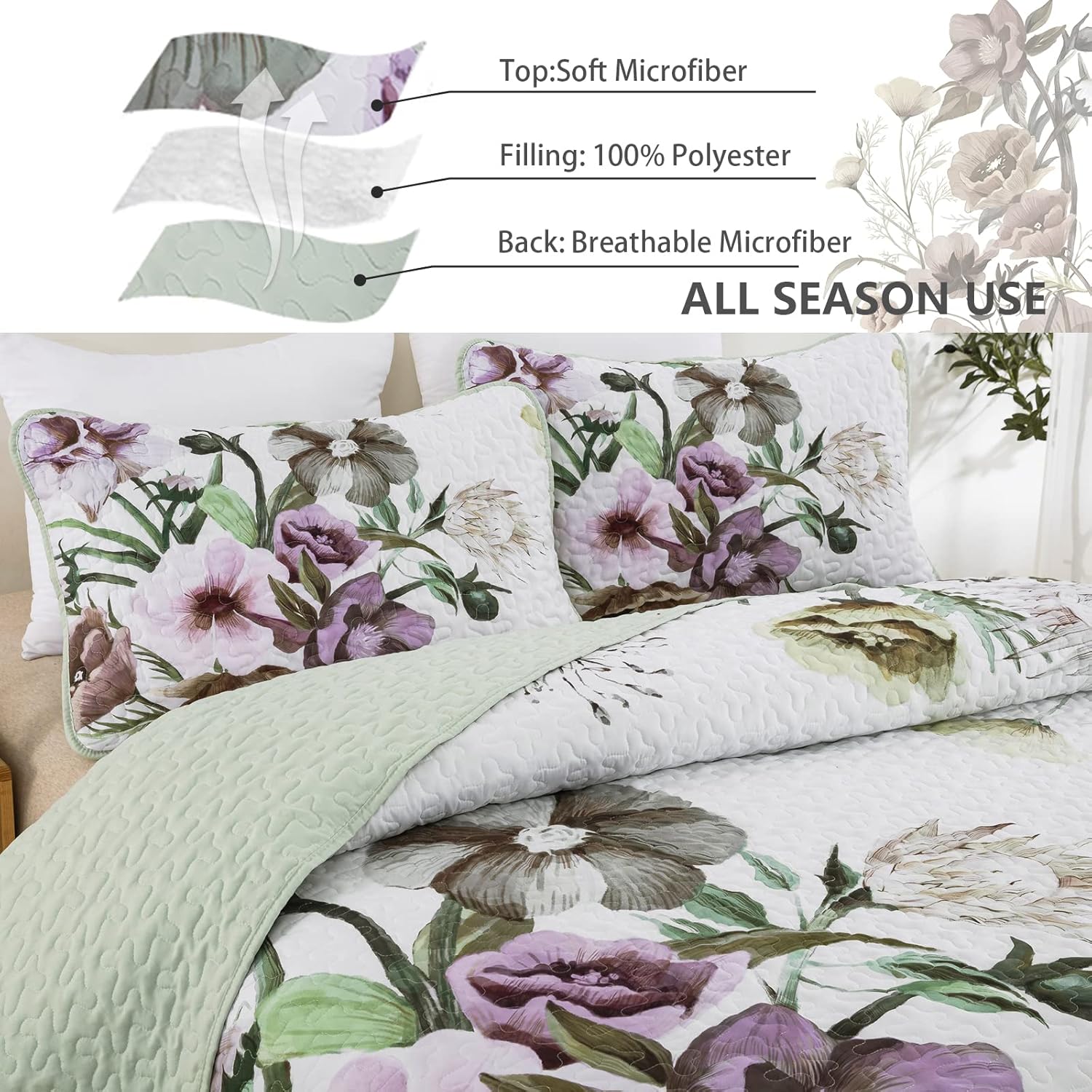 Drucon Floral Quilt Set Queen 3 Piece